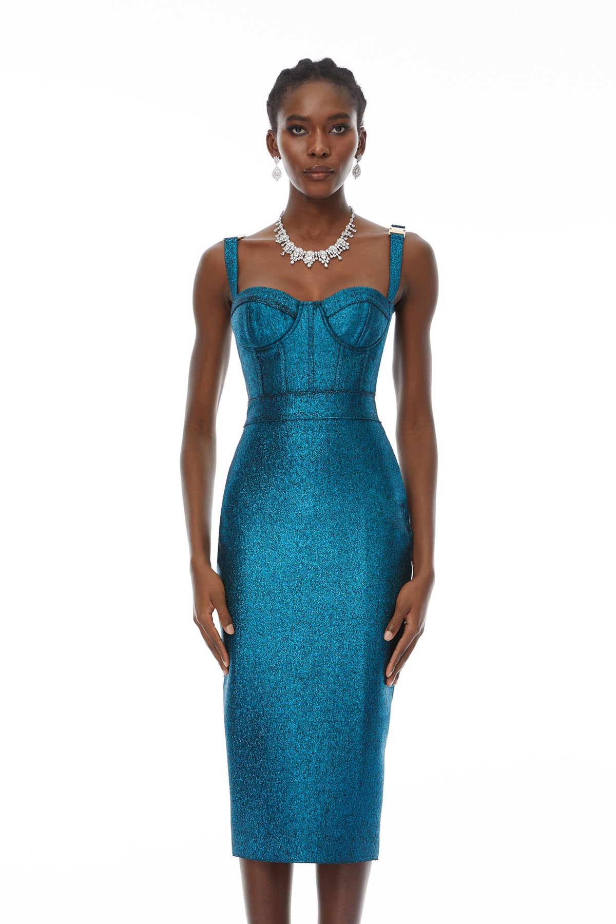 Edwina Blue Bandage Corset Midi Dress