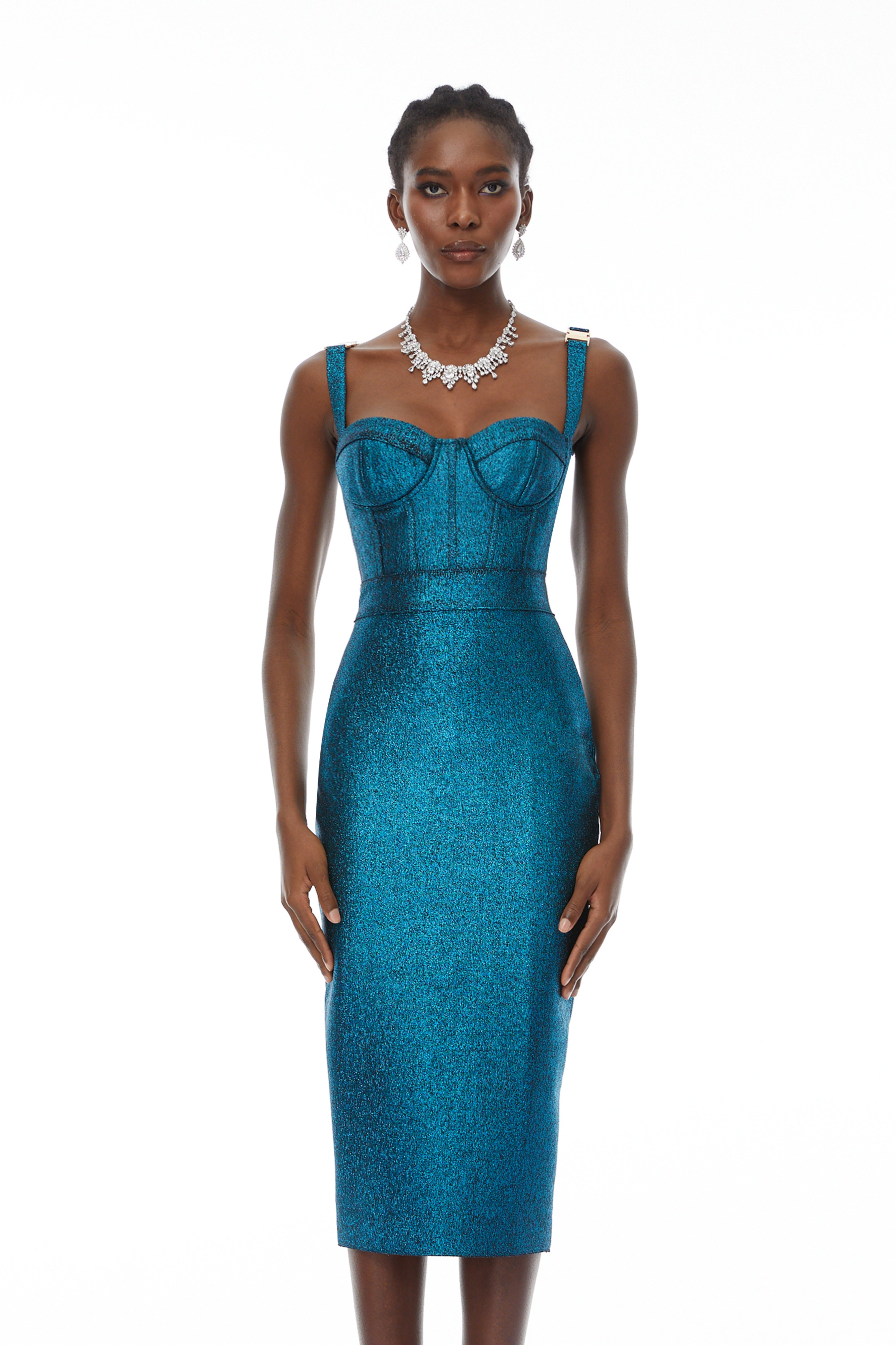 Edwina Blue Bandage Corset Midi Dress (Final Sale-US Only)