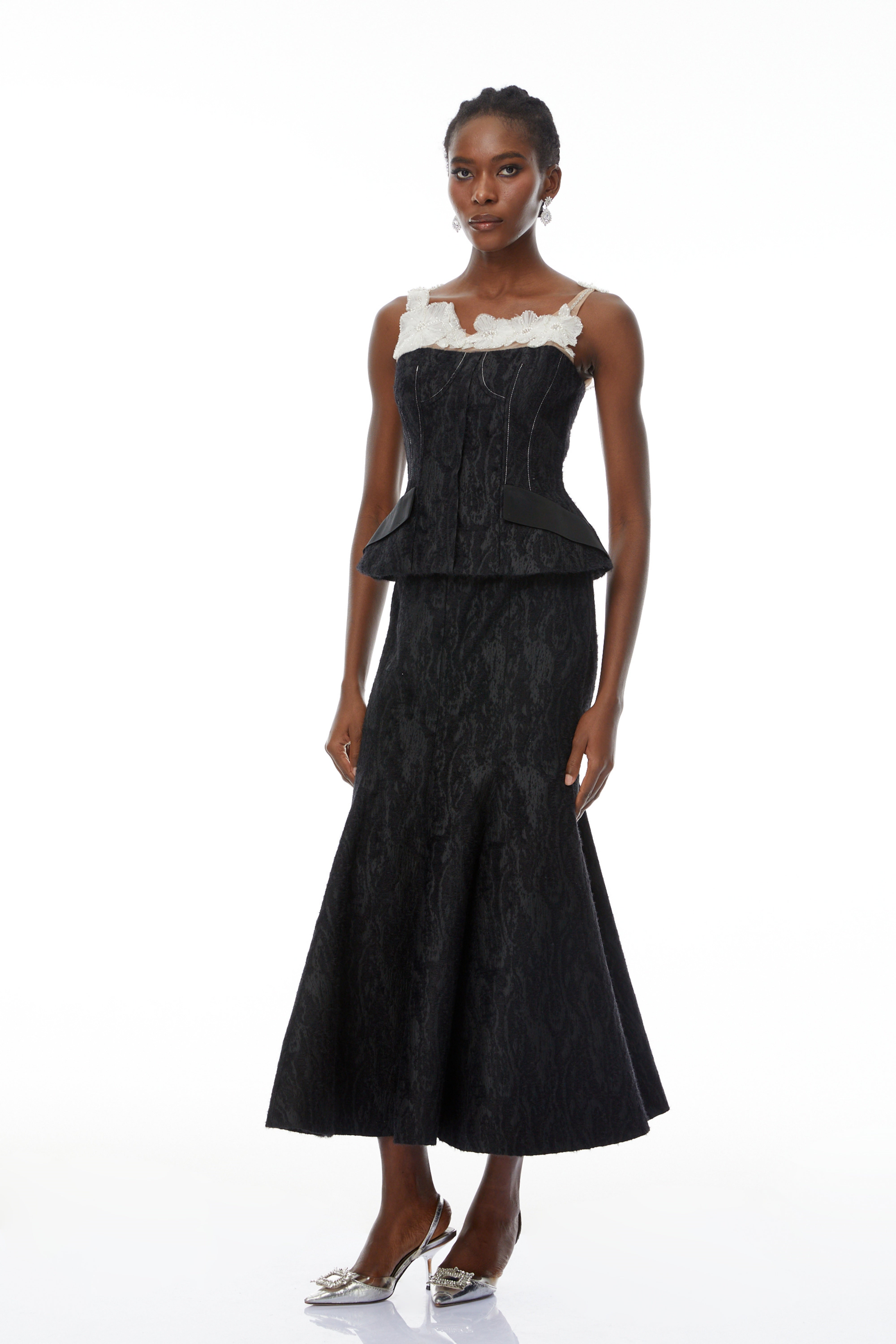 Mina Black Textured Strapless Top & Skirt Set