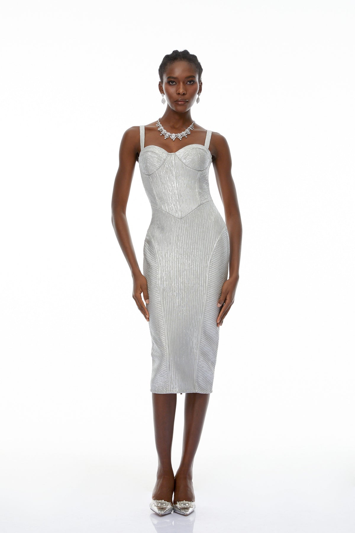 Eric Silver Cinched Waist Midi Dress