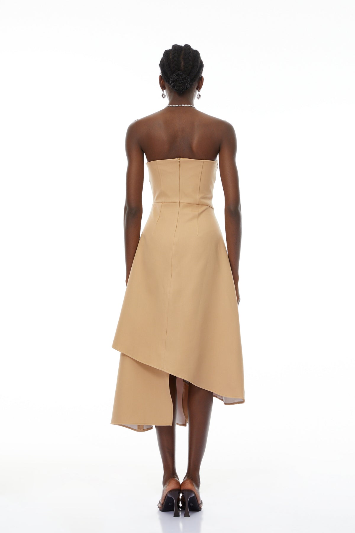 Mateo Khaki Off-Shoulder Asymmetrical Midi Dress