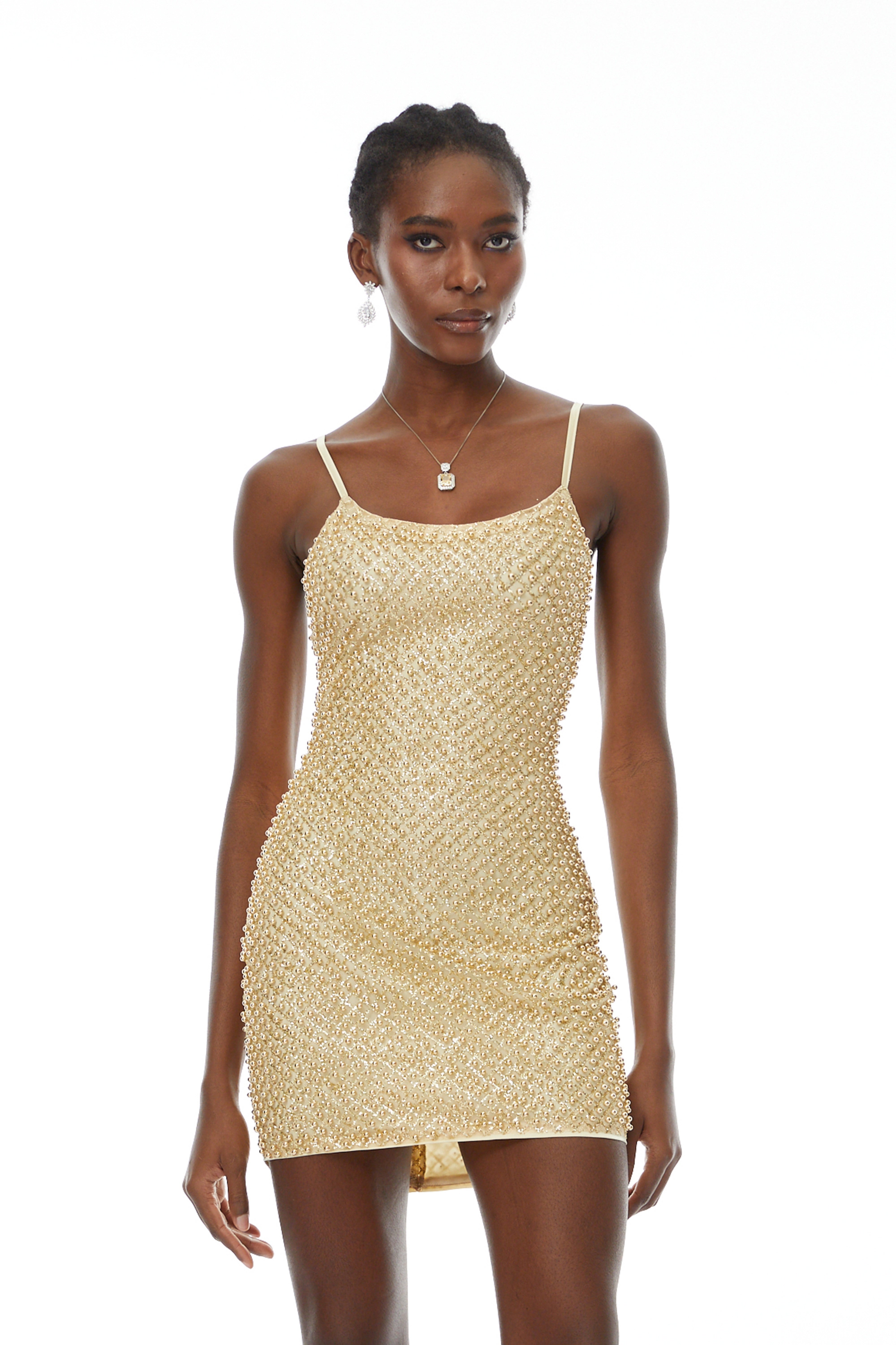 Gaia Gold Beaded Bodycon Mini Dress(Final Sale)