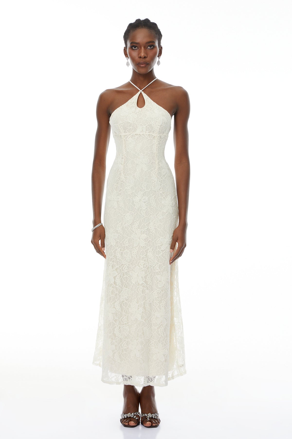 Milania White Halterneck Floral Lace Maxi Dress (Final Sale-US Only)