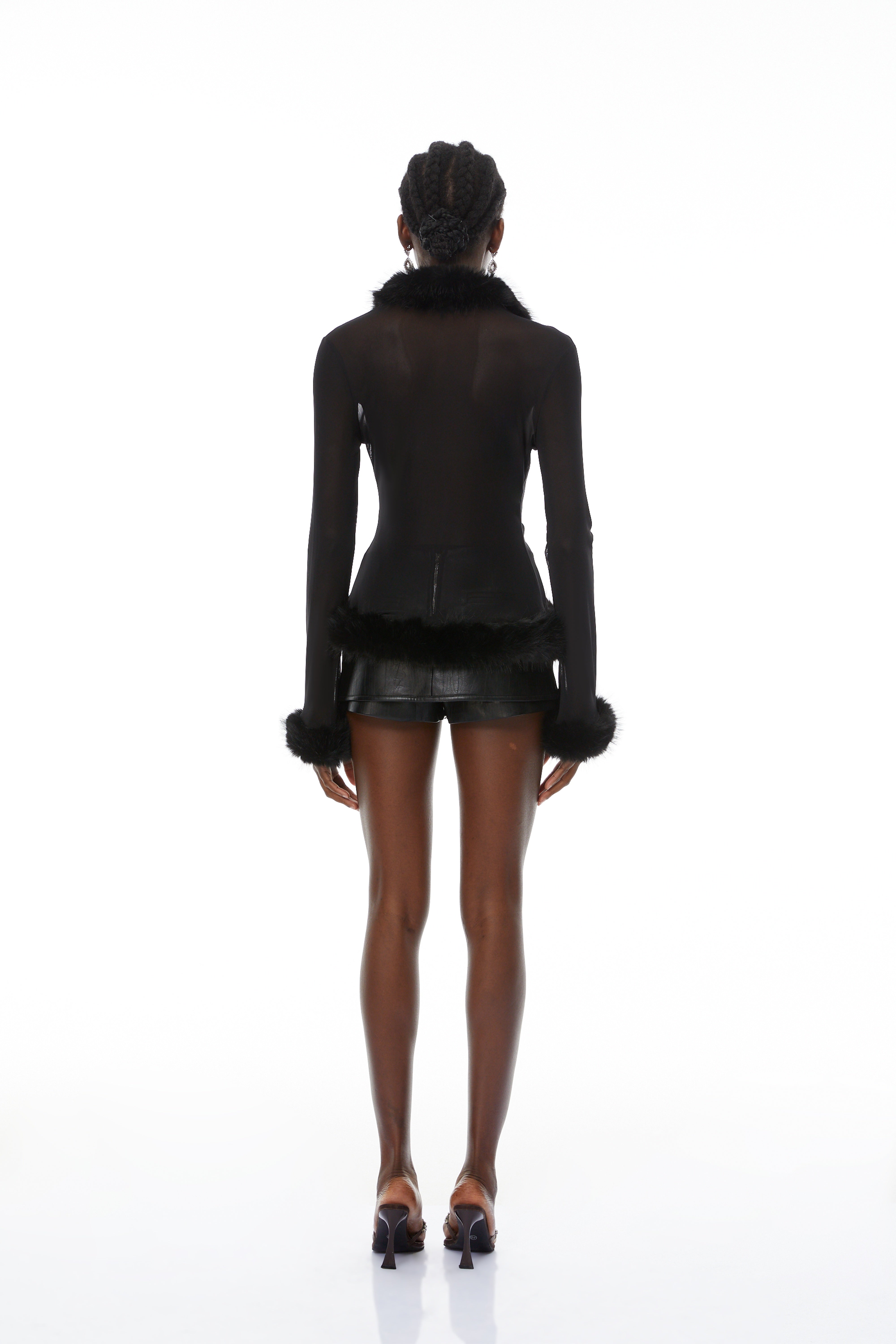 Diana Black Glitter Semi-Sheer Cardigan with Faux Fur Trim