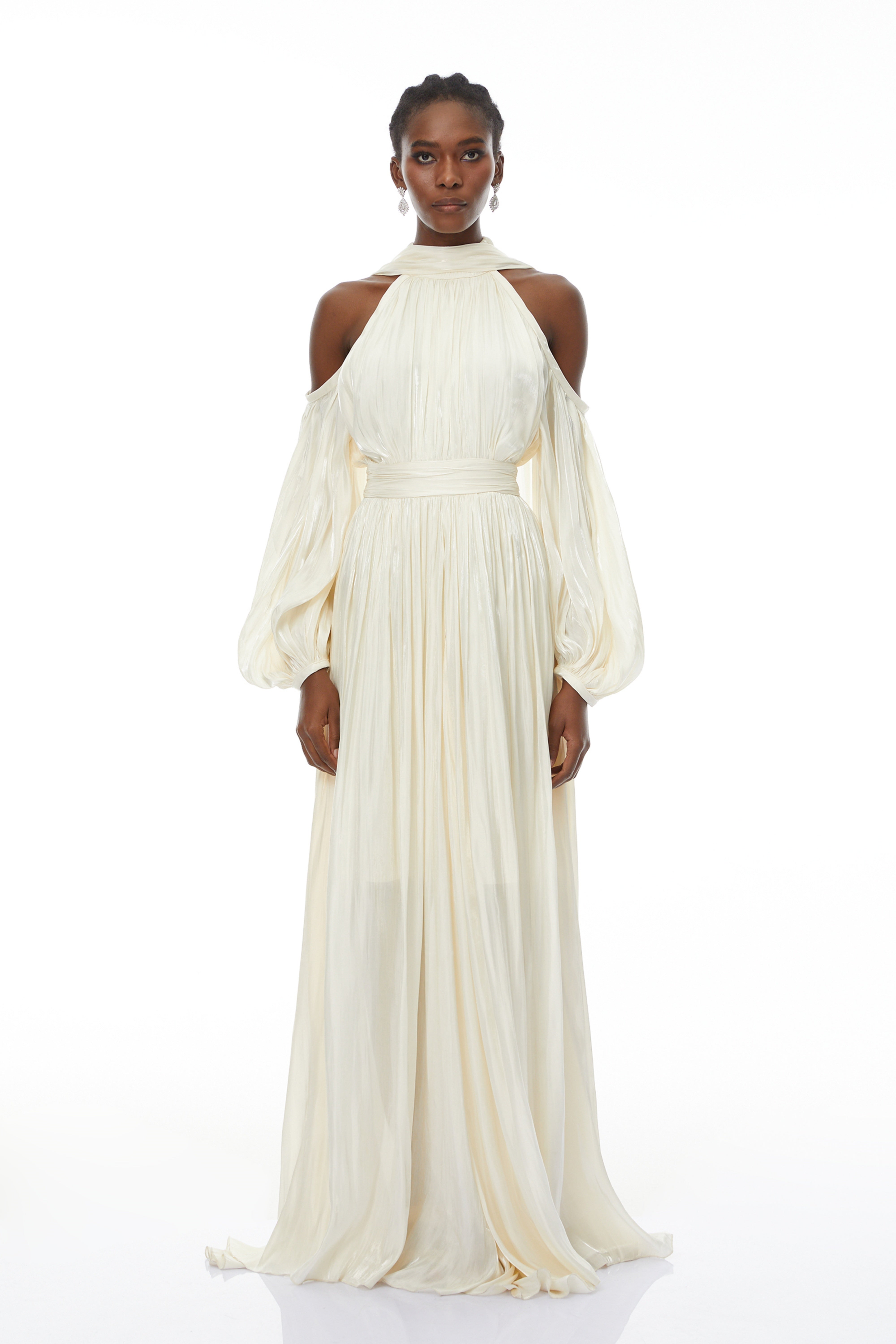Margot White Cold Shoulder Ruched Maxi Dress