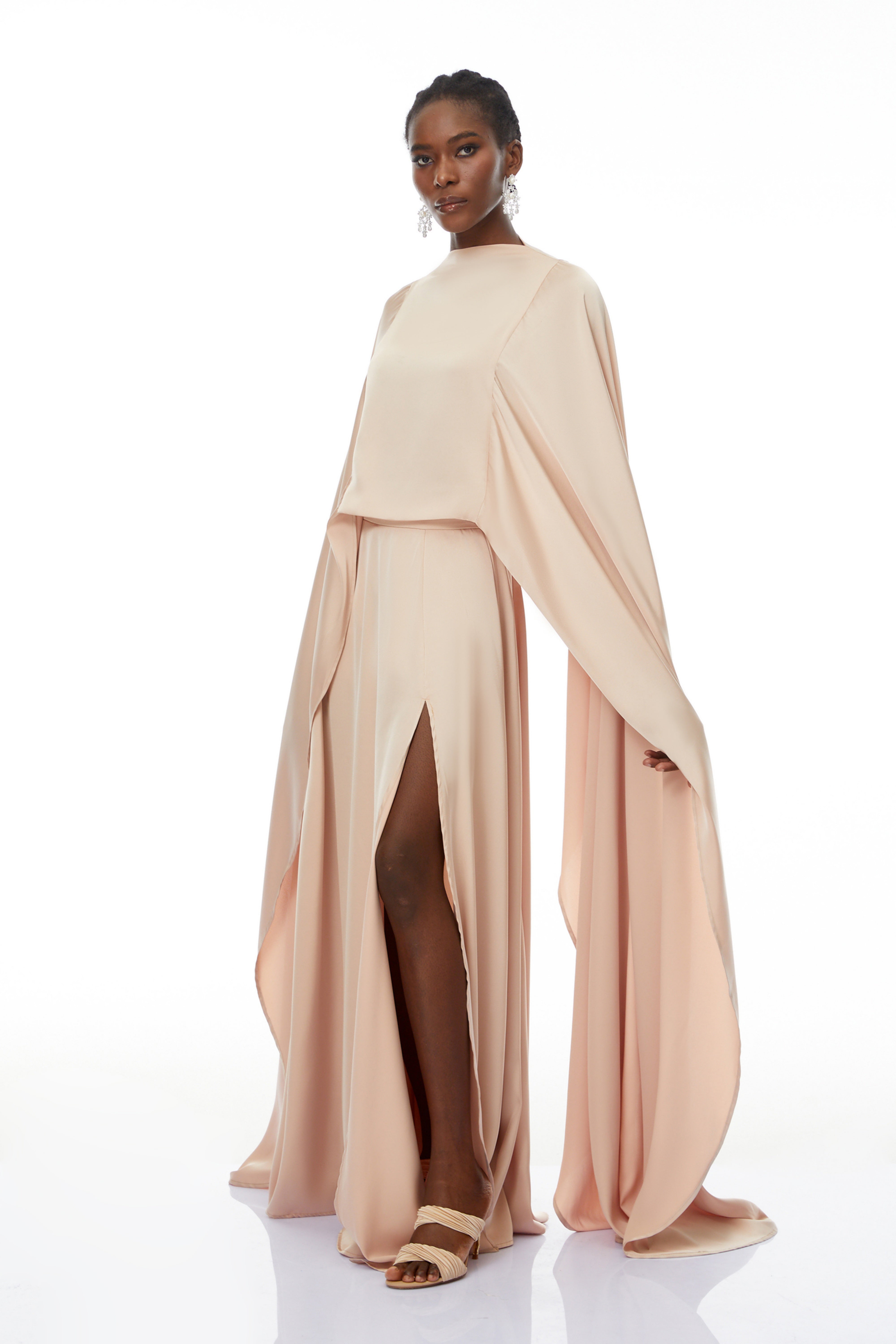 Everleigh Champagne Satin Top & Skirt Set With Cape Detail