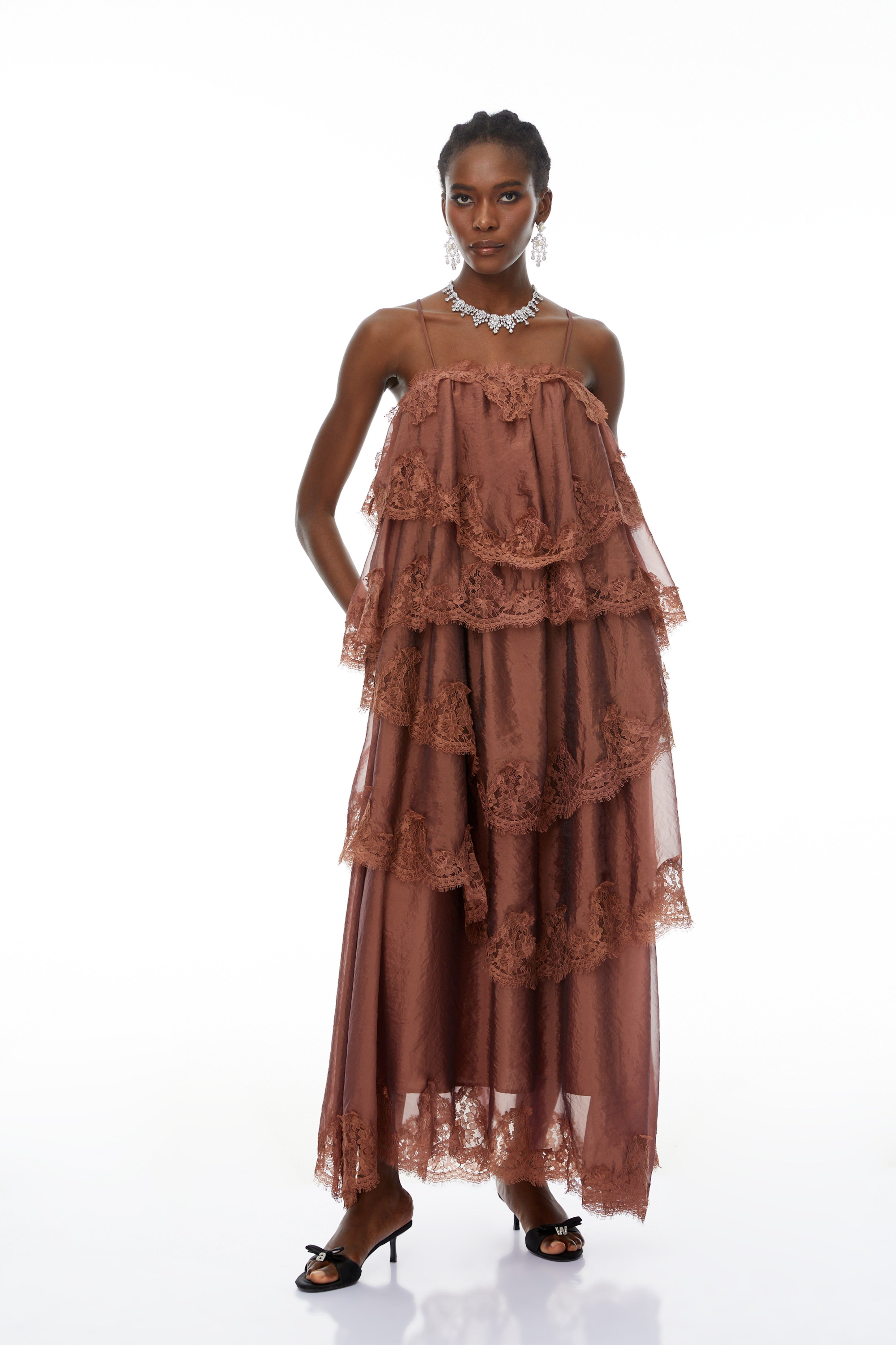 Sloane Brown Ruffled Lace Trim Maxi Dress (Final Sale-US Only)