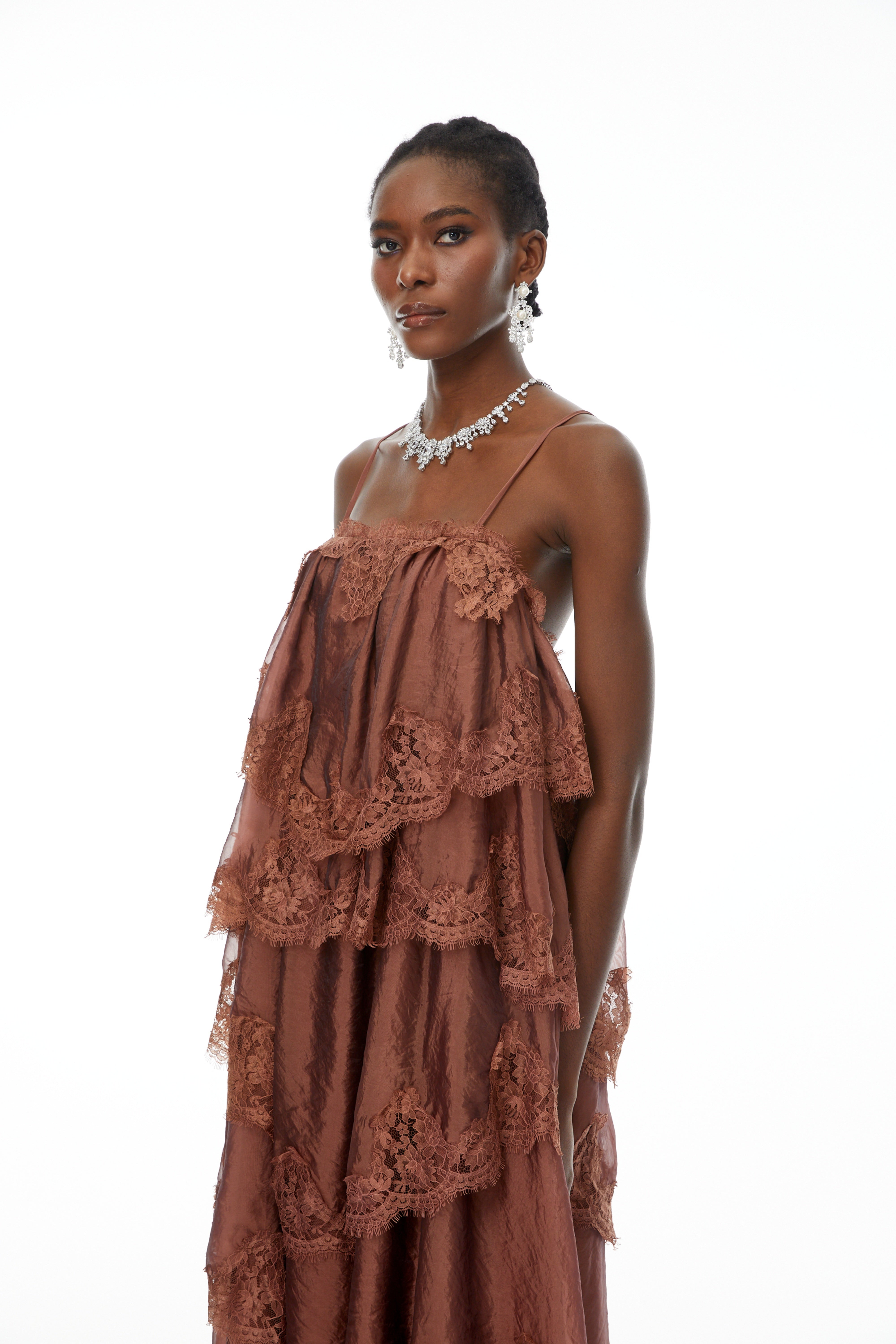 Sloane Brown Ruffled Lace Trim Maxi Dress