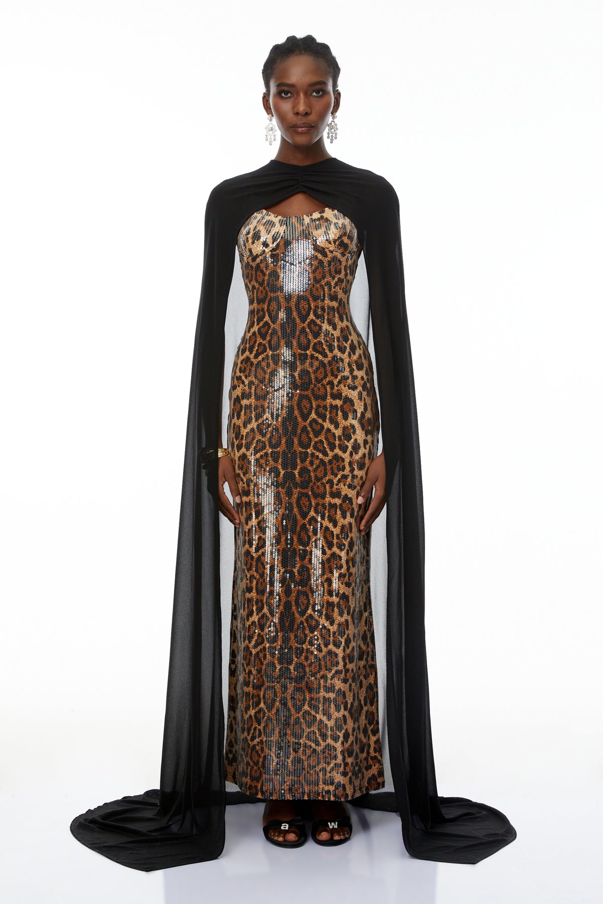 Lorenzo Black Cape & Leopard Print Maxi Dress Set (Final Sale)