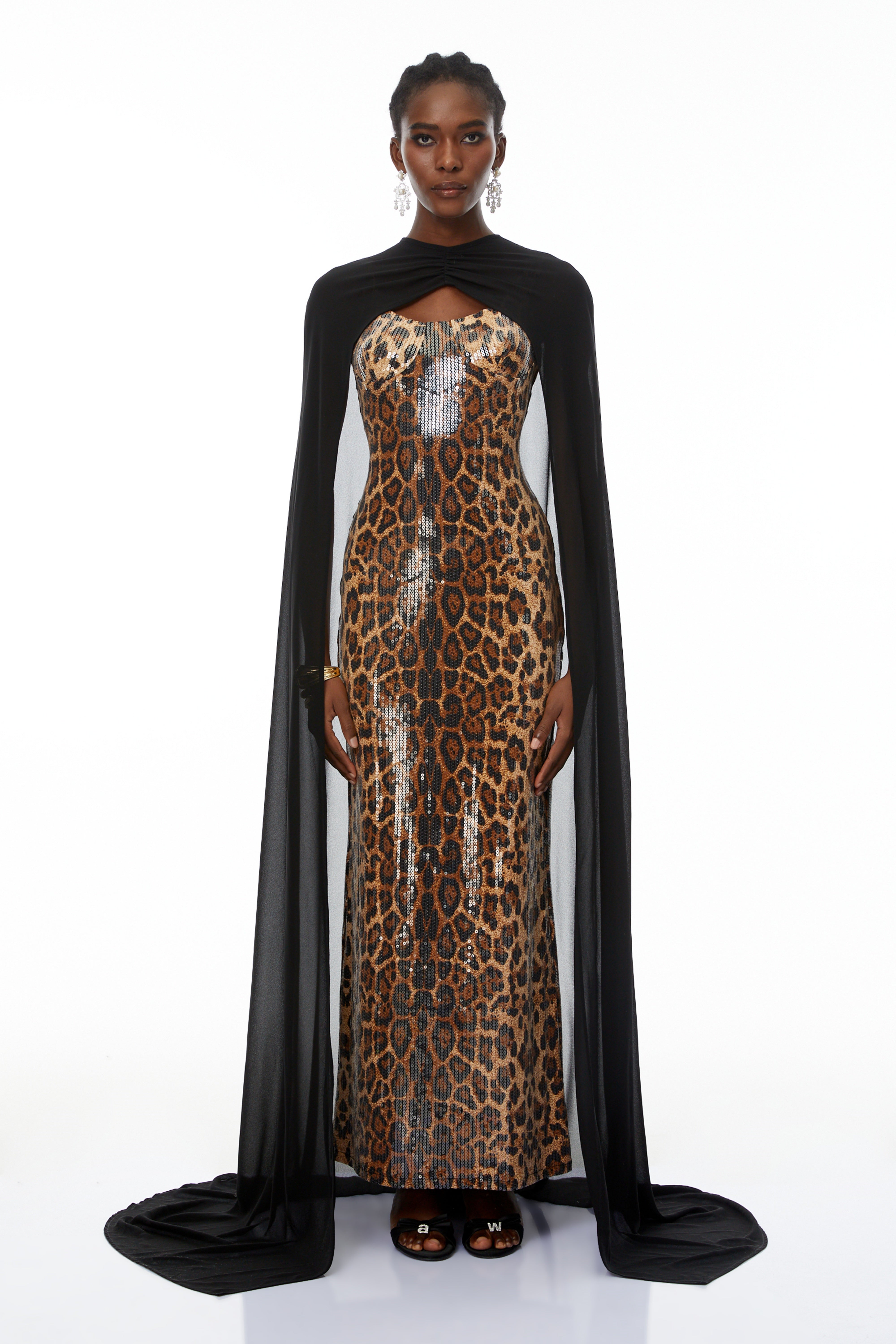 Lorenzo Black Cape & Leopard Print Maxi Dress Set (Final Sale-US Only)