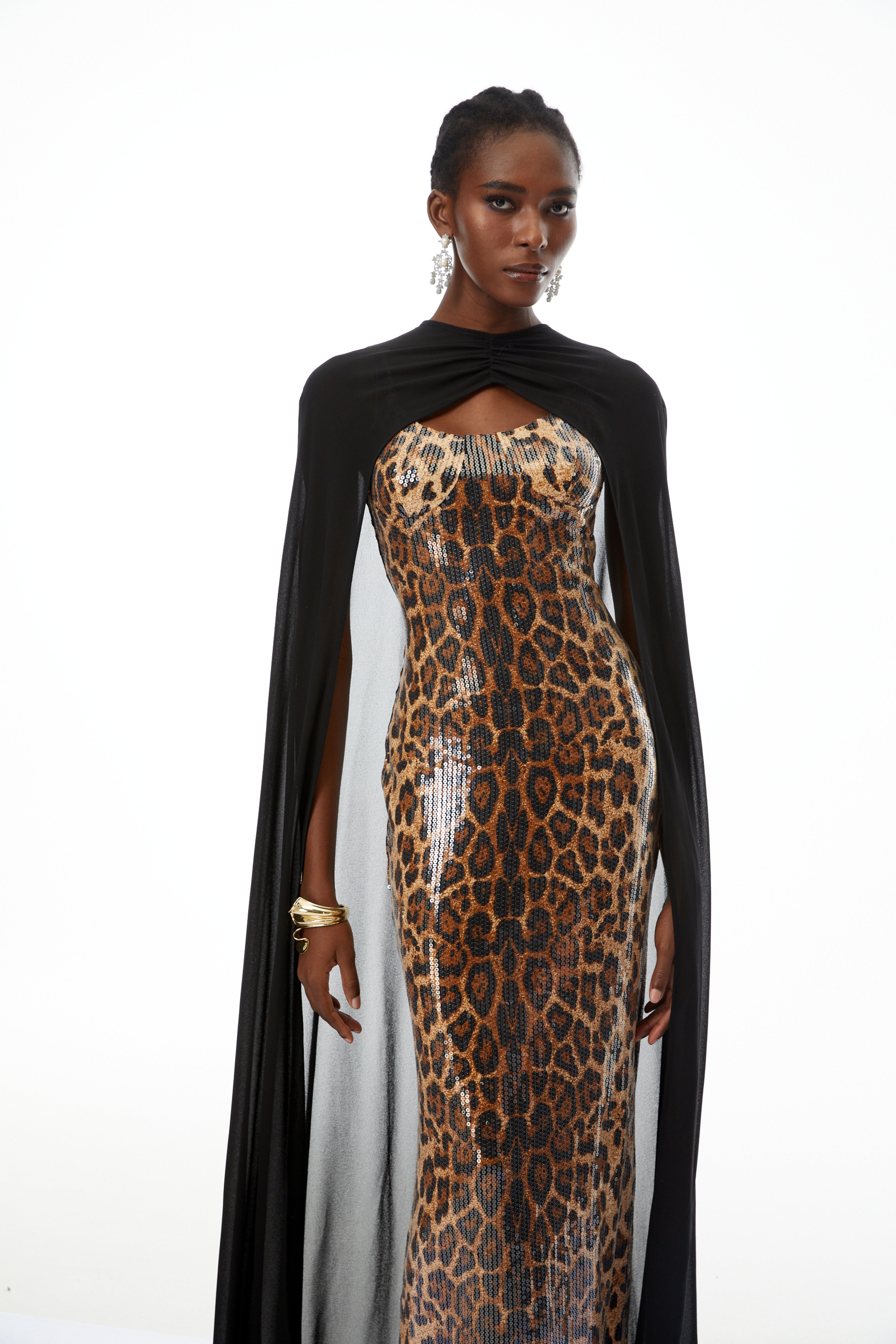 Lorenzo Black Cape & Leopard Print Maxi Dress Set (Final Sale)