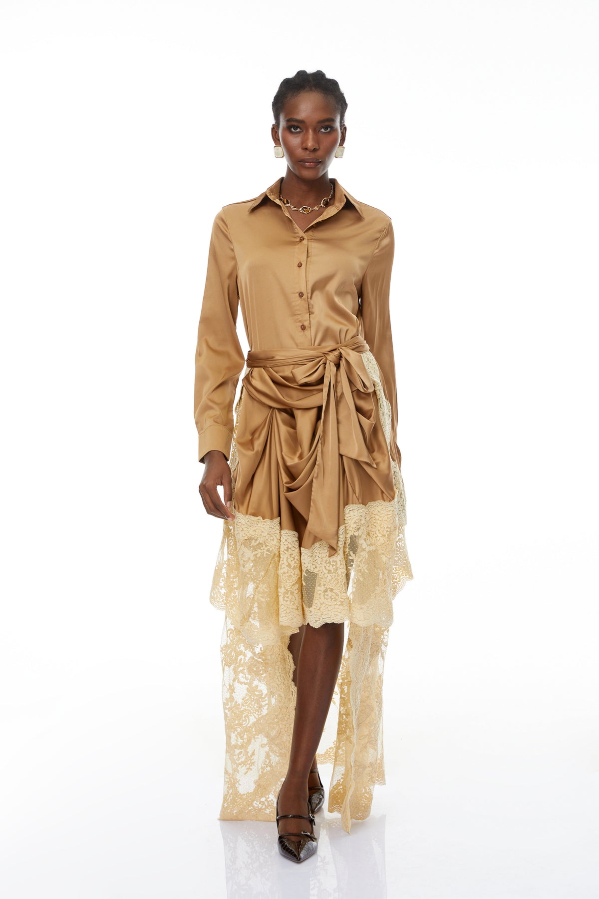 Pascale Brown Satin Shirt & Lace Skirt Set (Final Sale-US Only)
