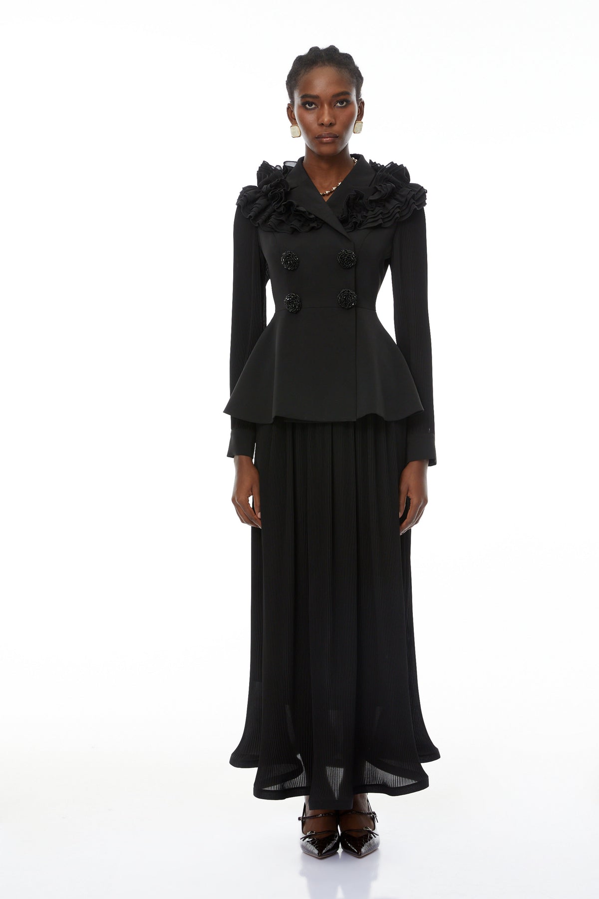 Prudence Black Ruffled Blazer & Pleated Skirt Set