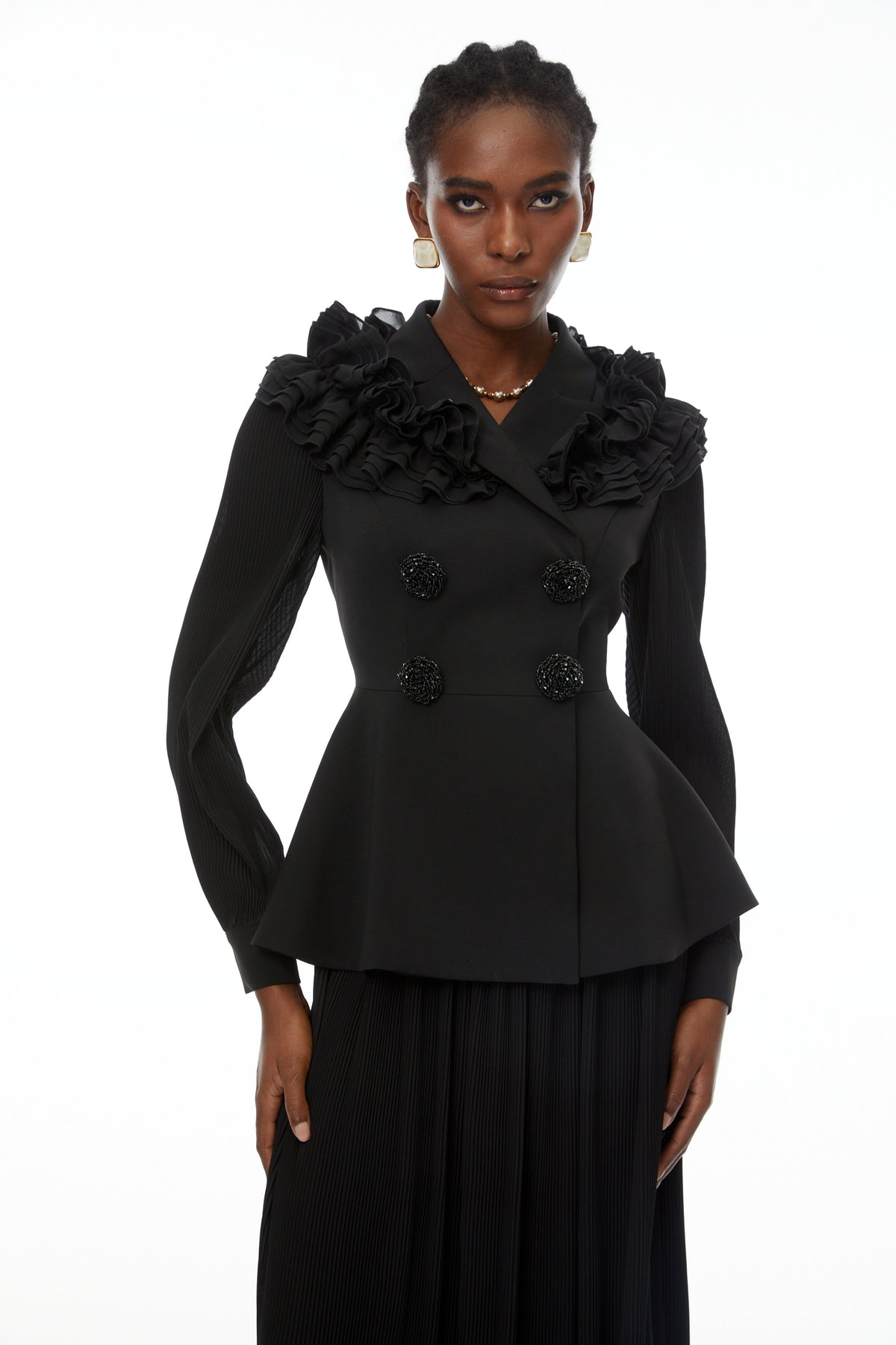 Prudence Black Ruffled Blazer & Pleated Skirt Set