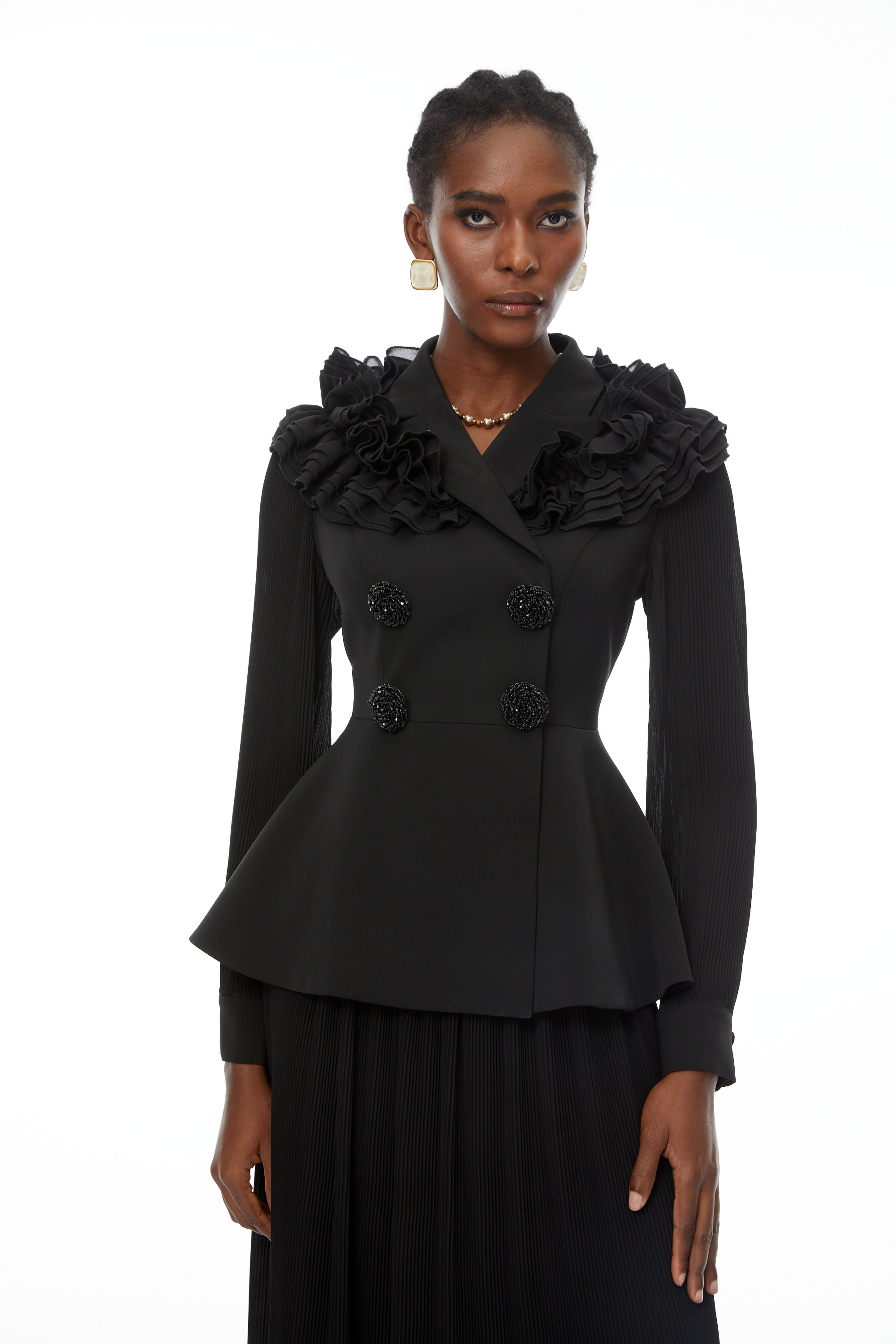 Prudence Black Ruffled Blazer & Pleated Skirt Set