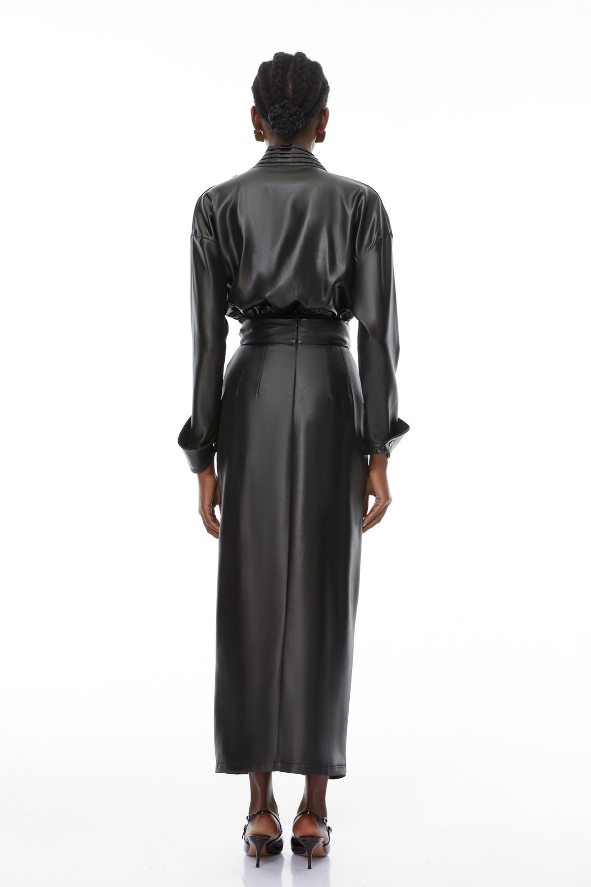 Rocío Black Leather Bodysuit & Skirt Set