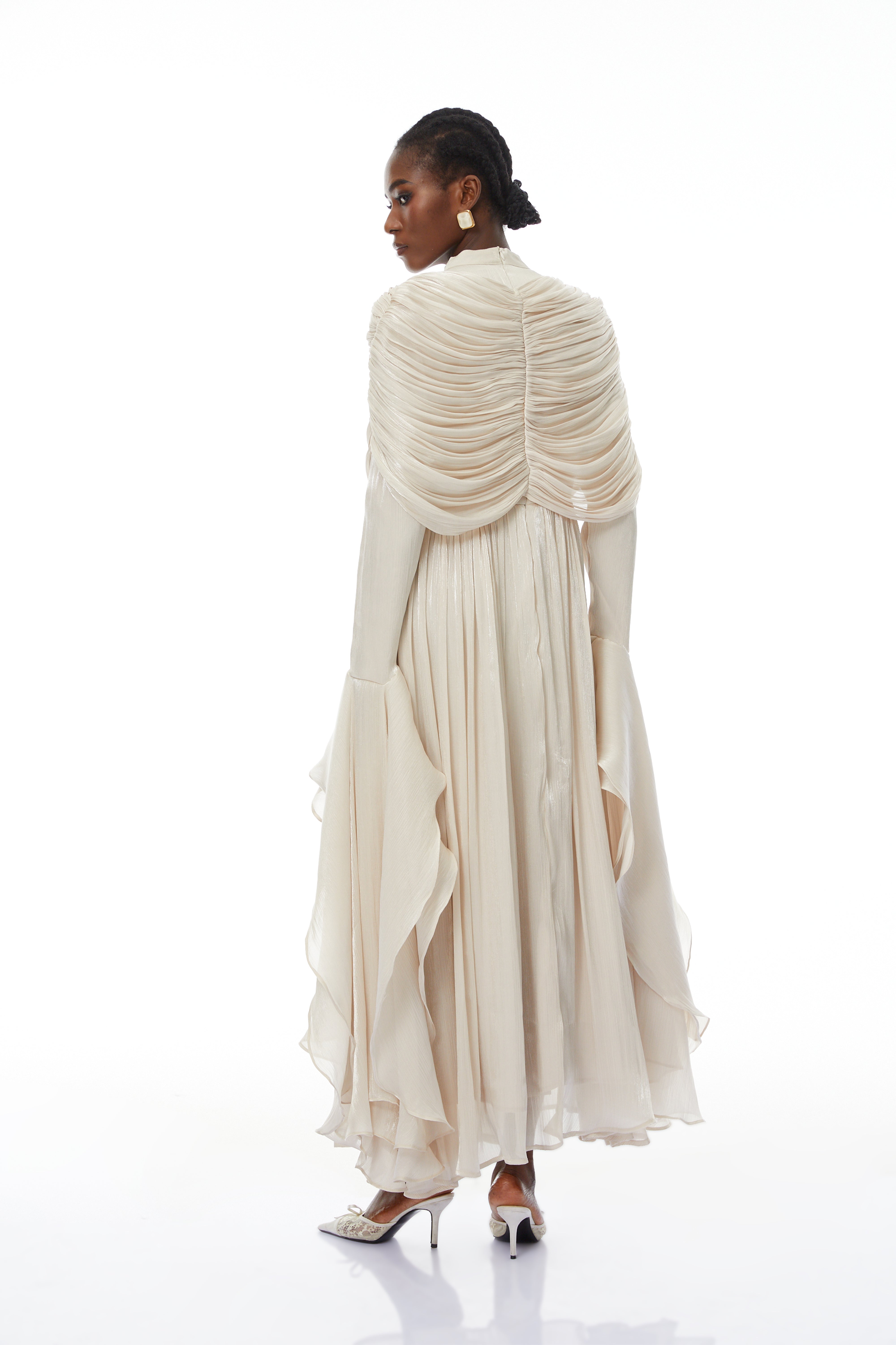 Gustave Neutral Ruched Cape Ruffled Maxi Dress (Final Sale-US Only)