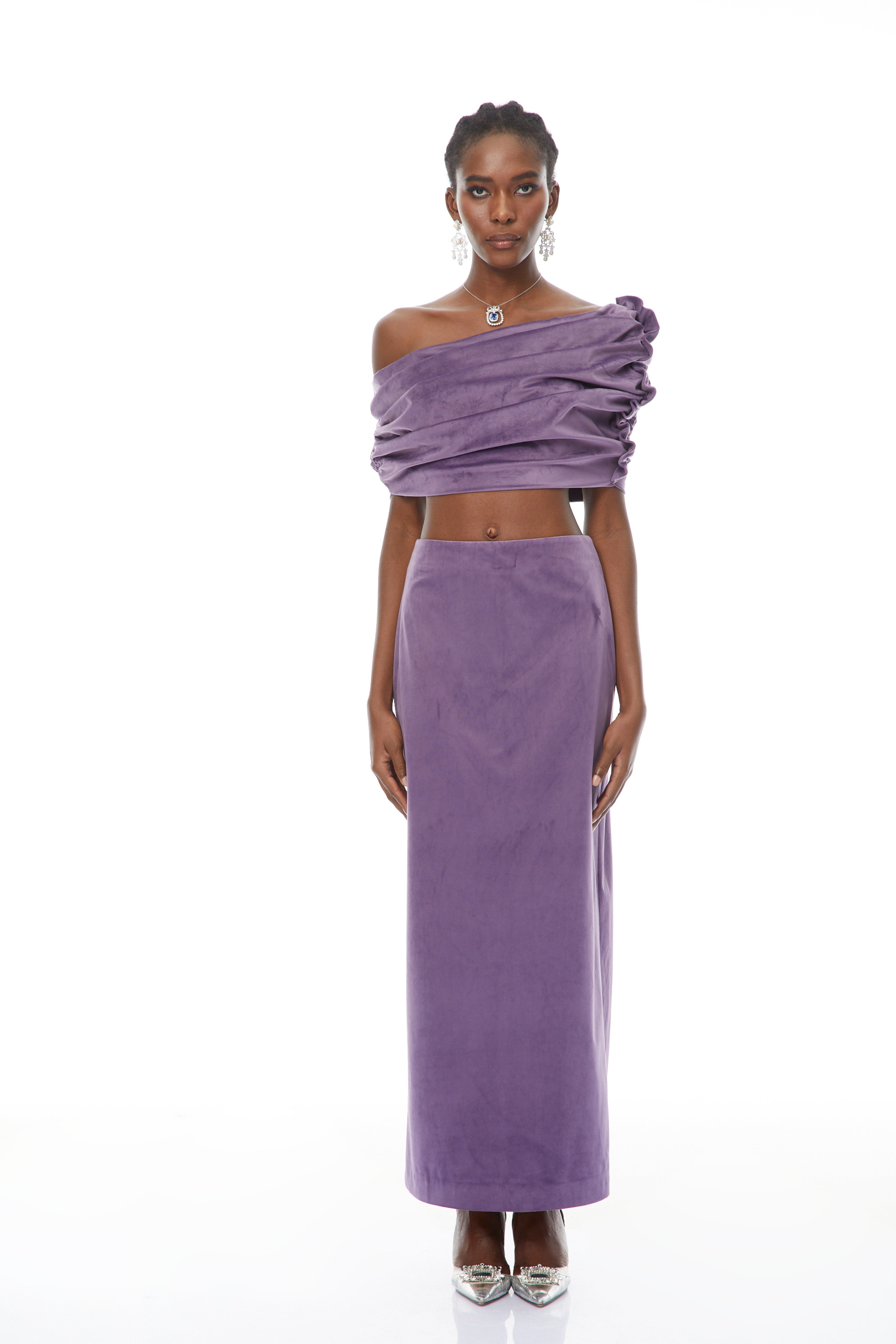 Frederica Purple Asymmetrical Velvet Top & Skirt Set