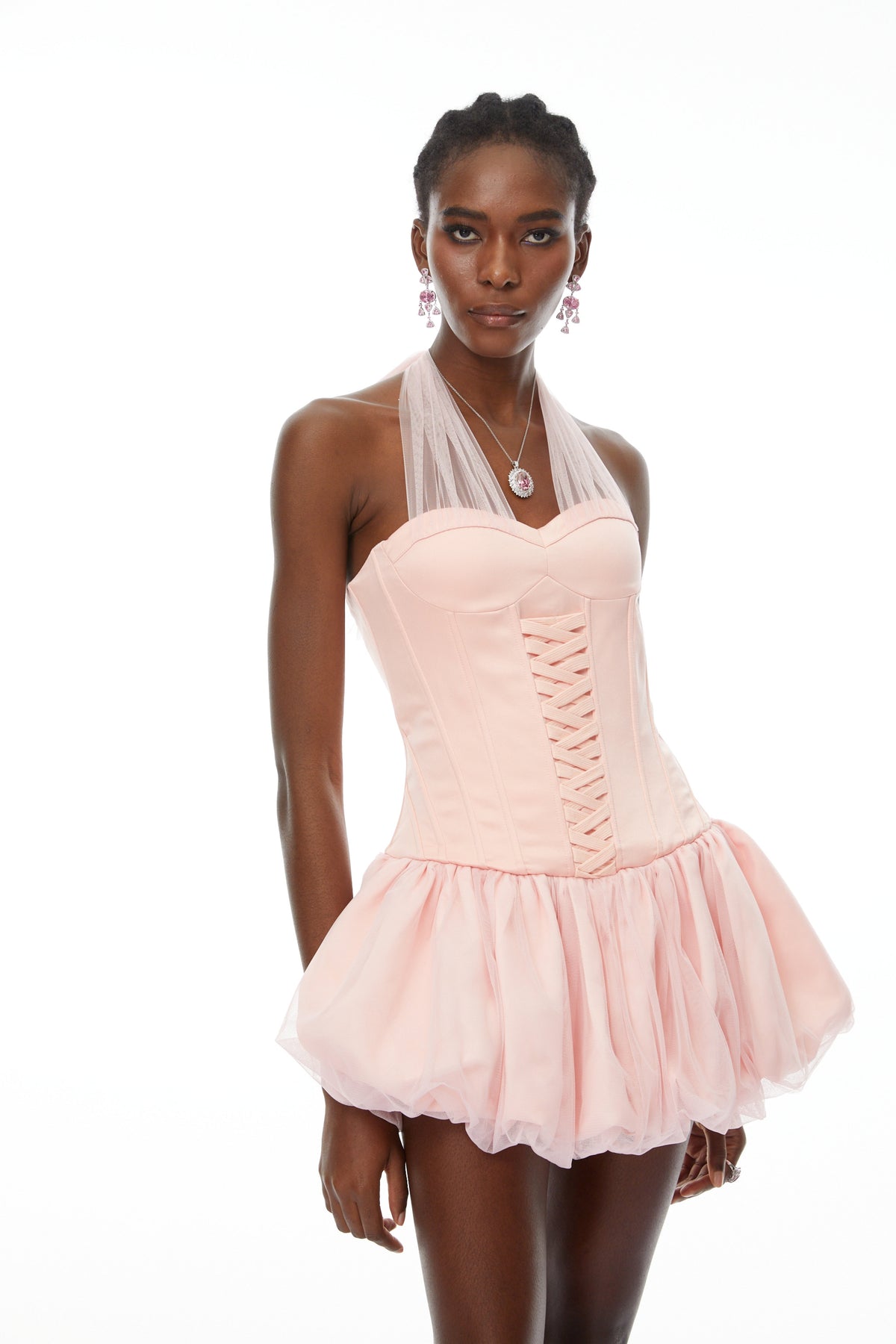 Constance Pink Halterneck Oraganza Panel Satin Mini Dress (Final Sale)