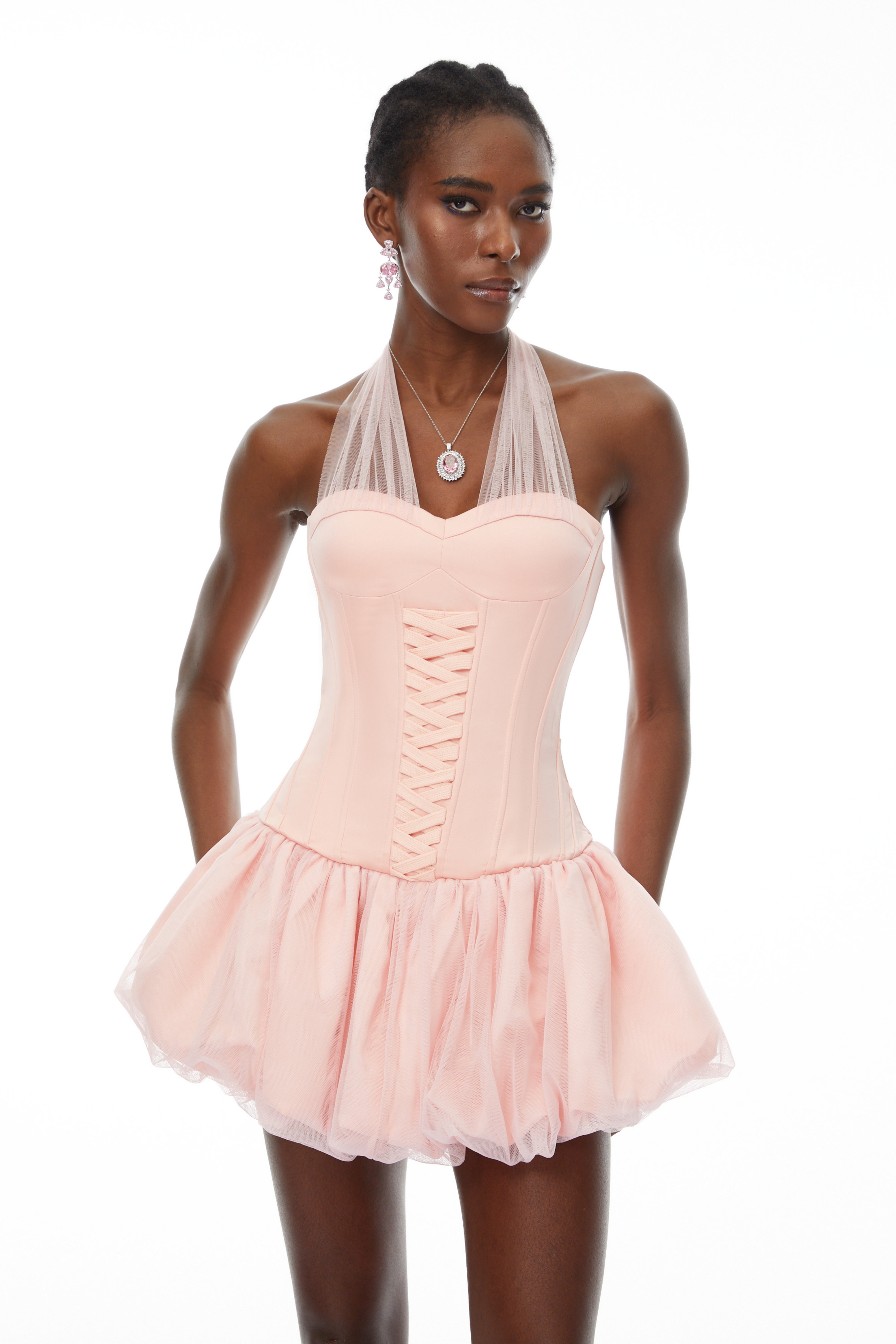 Constance Pink Halterneck Oraganza Panel Satin Mini Dress (Final Sale)