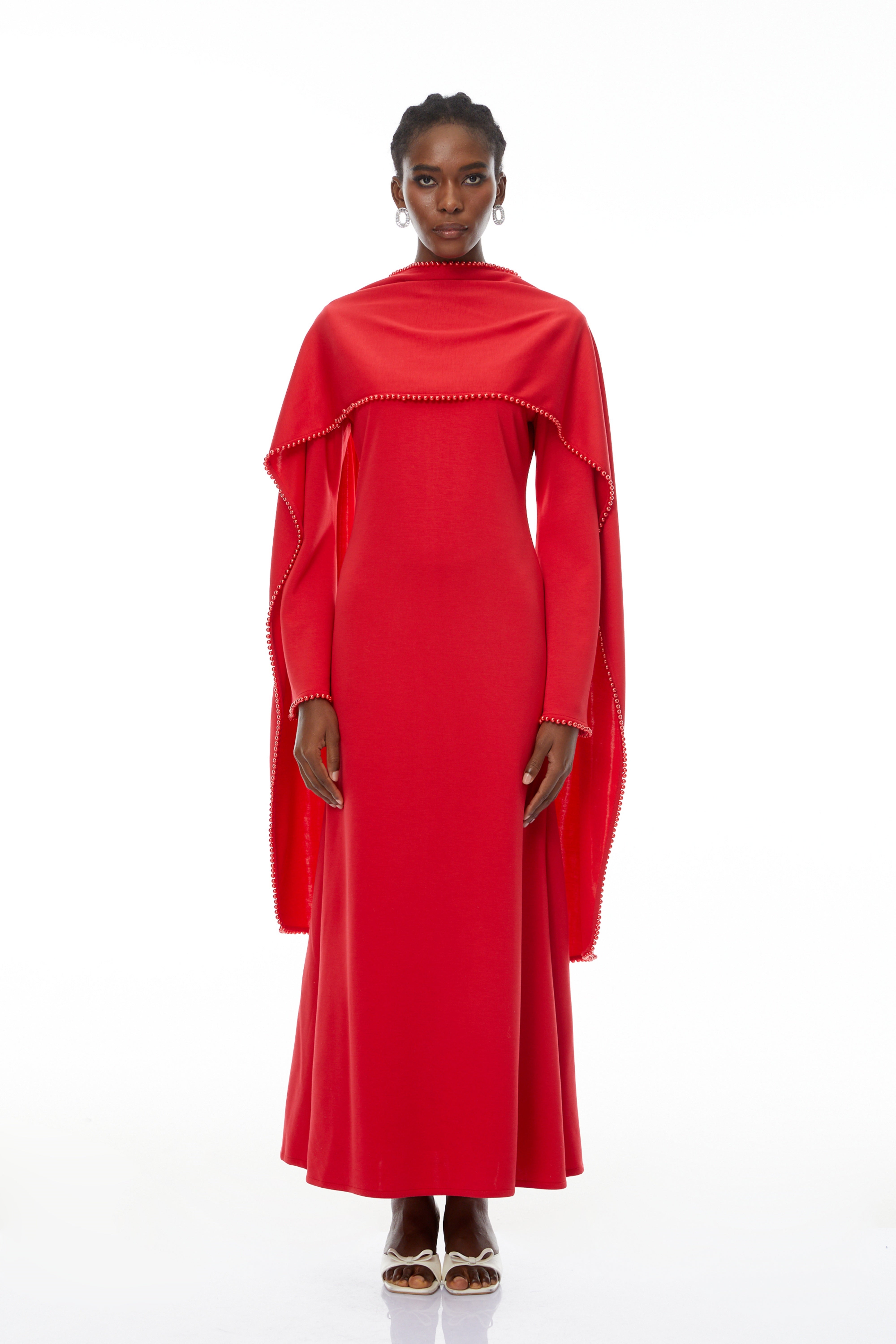 Piroska Red Pearl Trim Shawl Detail Maxi Dress