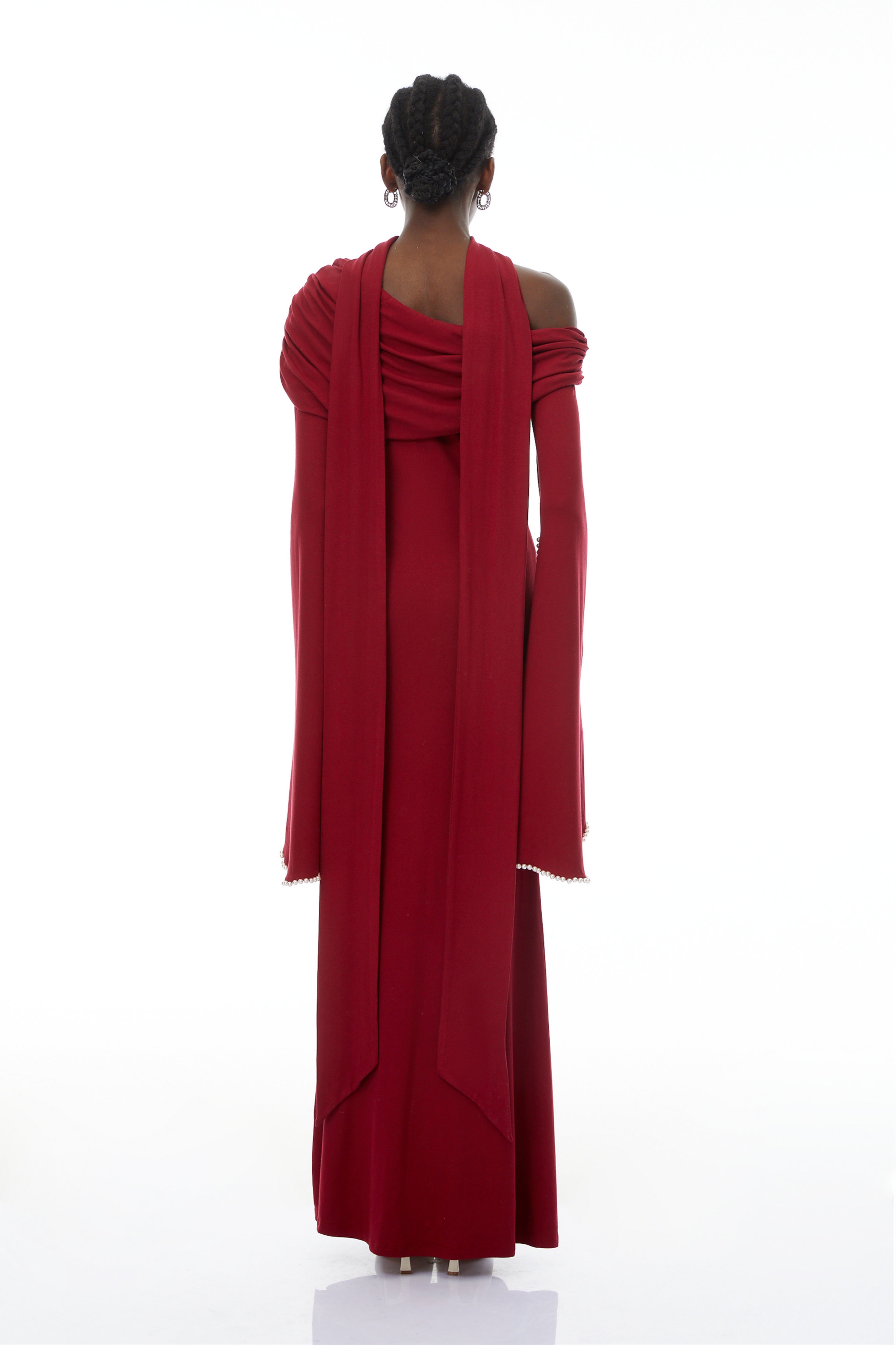 Simona Burgundy One Shoulder Pearl Trim Maxi Gown (Final Sale-US Only)