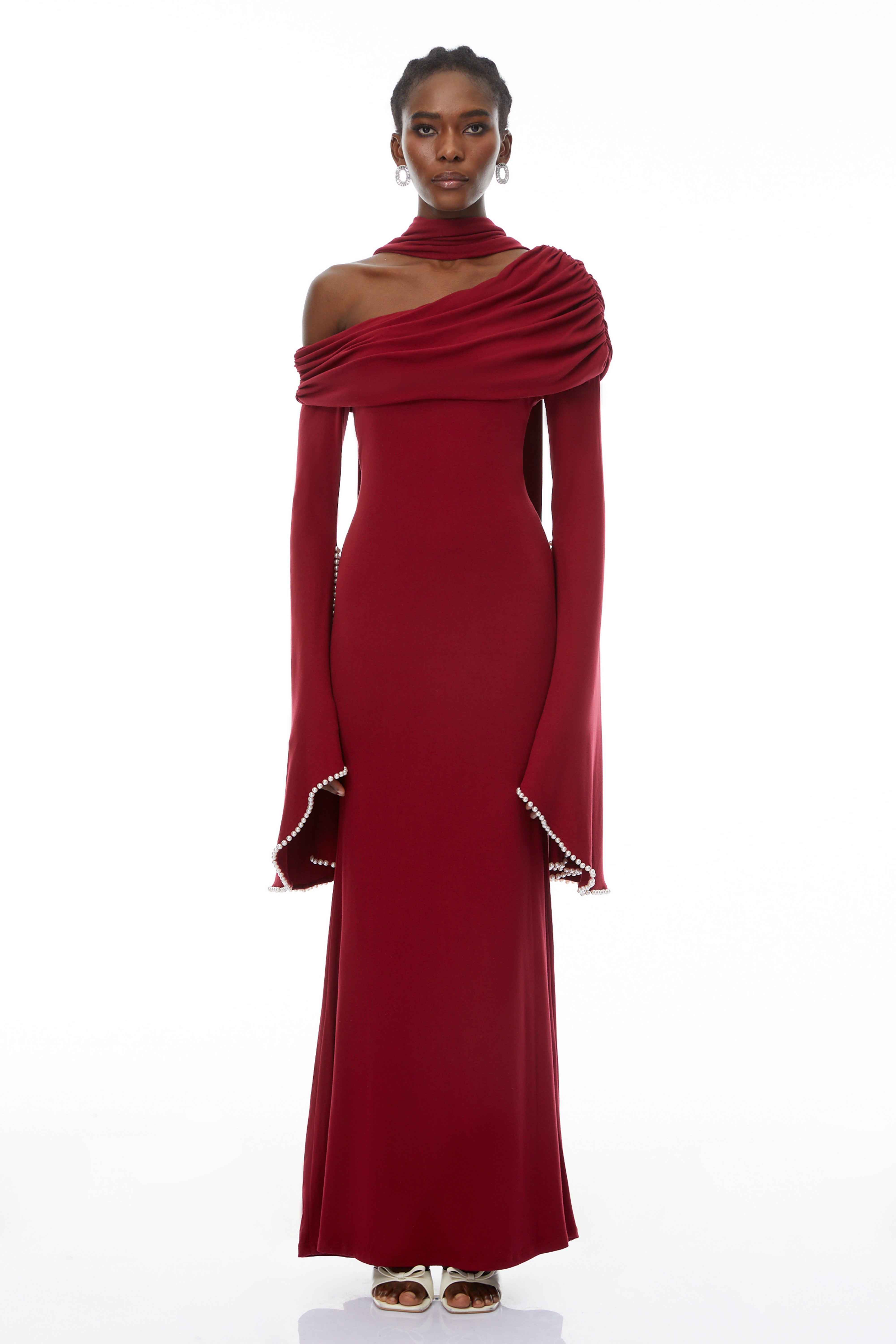 Simona Burgundy One Shoulder Pearl Trim Maxi Gown