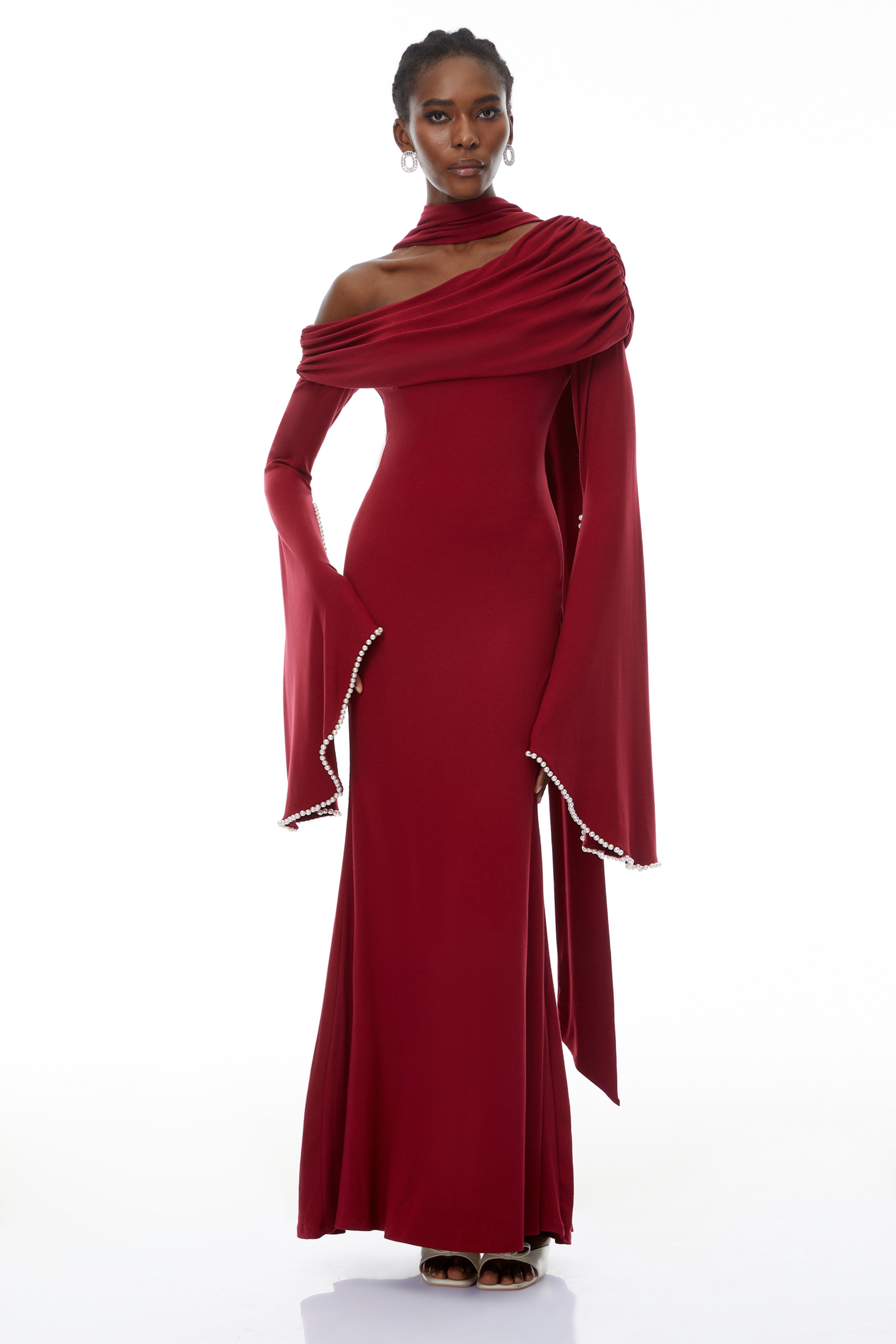 Simona Burgundy One Shoulder Pearl Trim Maxi Gown (Final Sale-US Only)