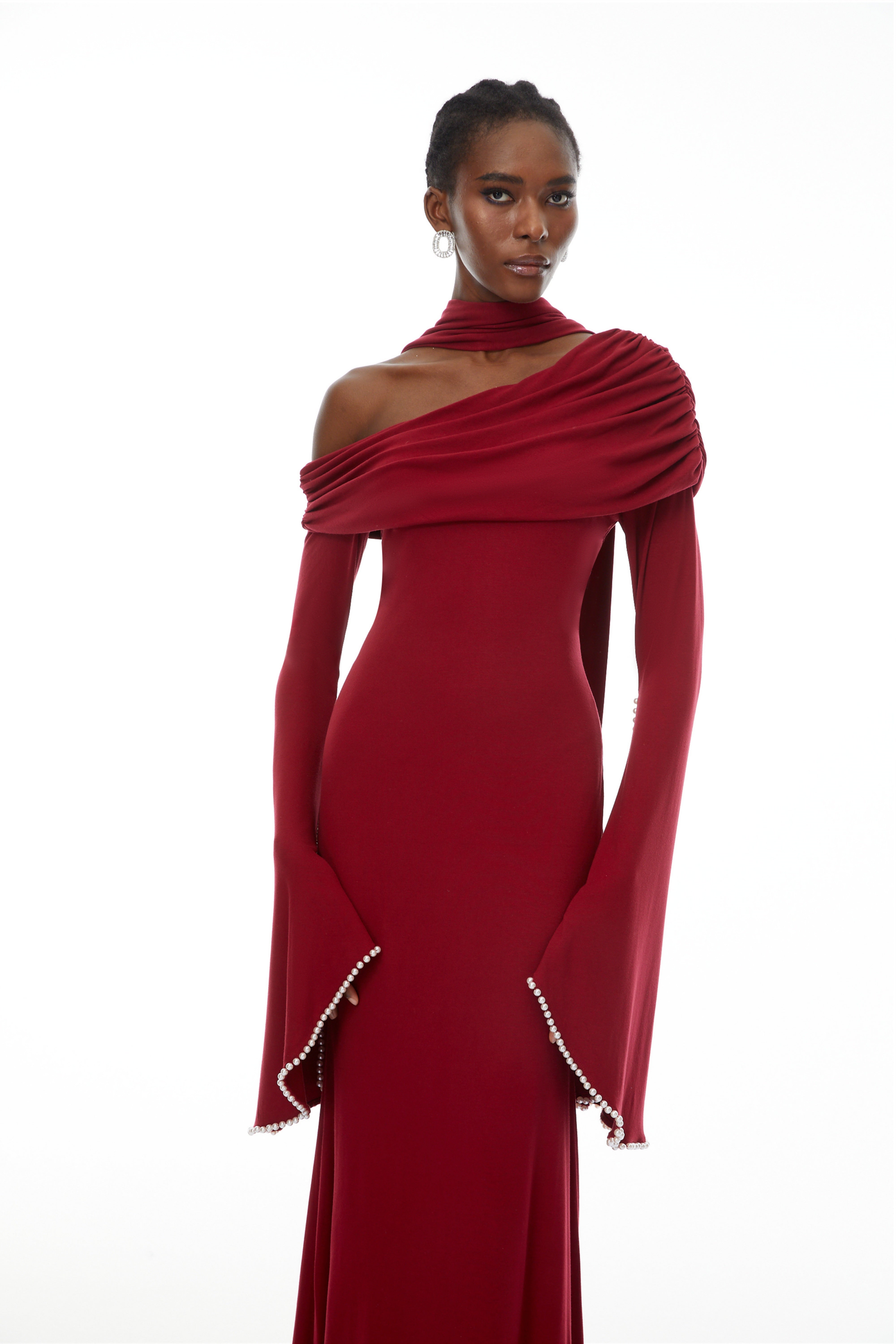 Simona Burgundy One Shoulder Pearl Trim Maxi Gown (Final Sale-US Only)