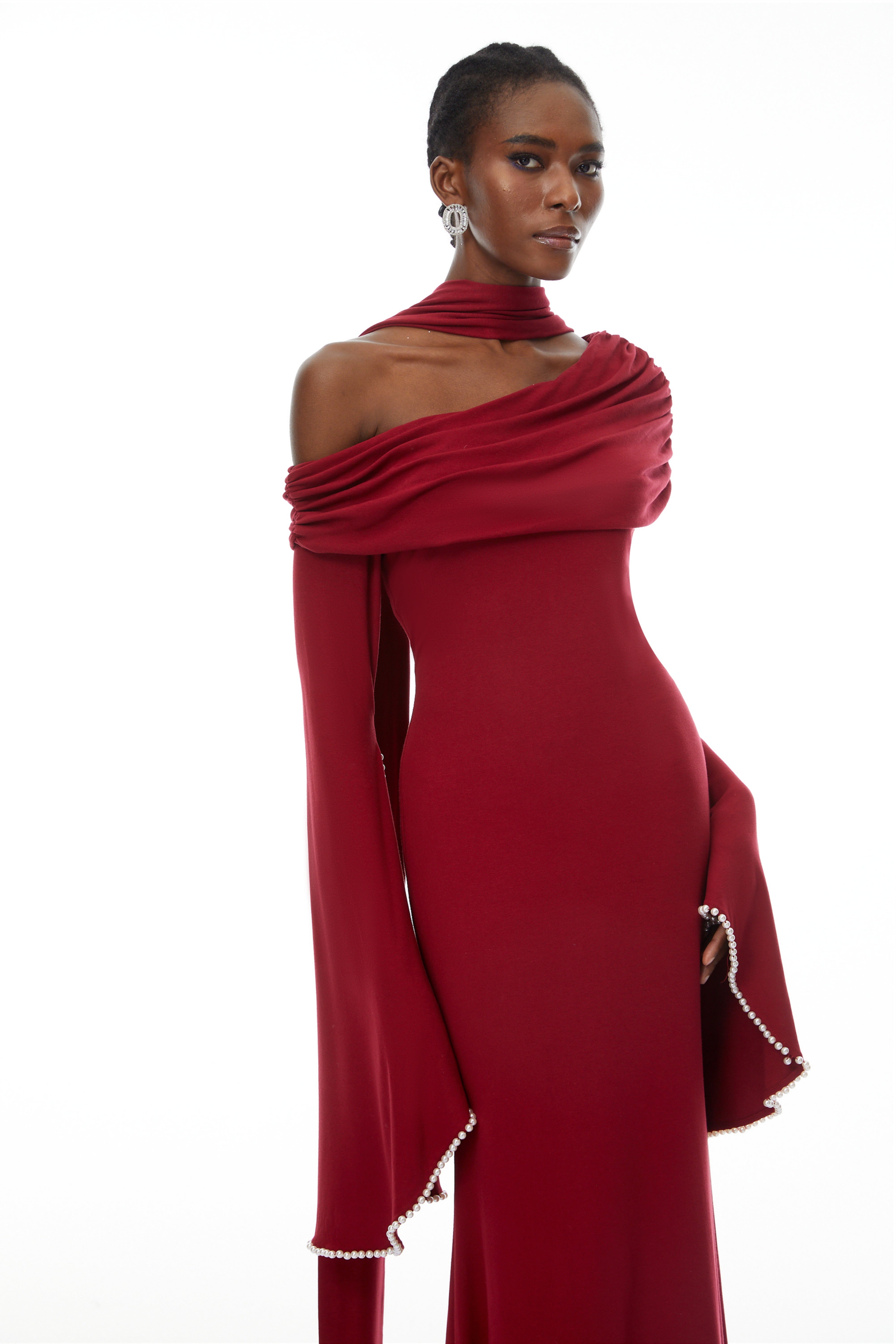 Simona Burgundy One Shoulder Pearl Trim Maxi Gown (Final Sale-US Only)