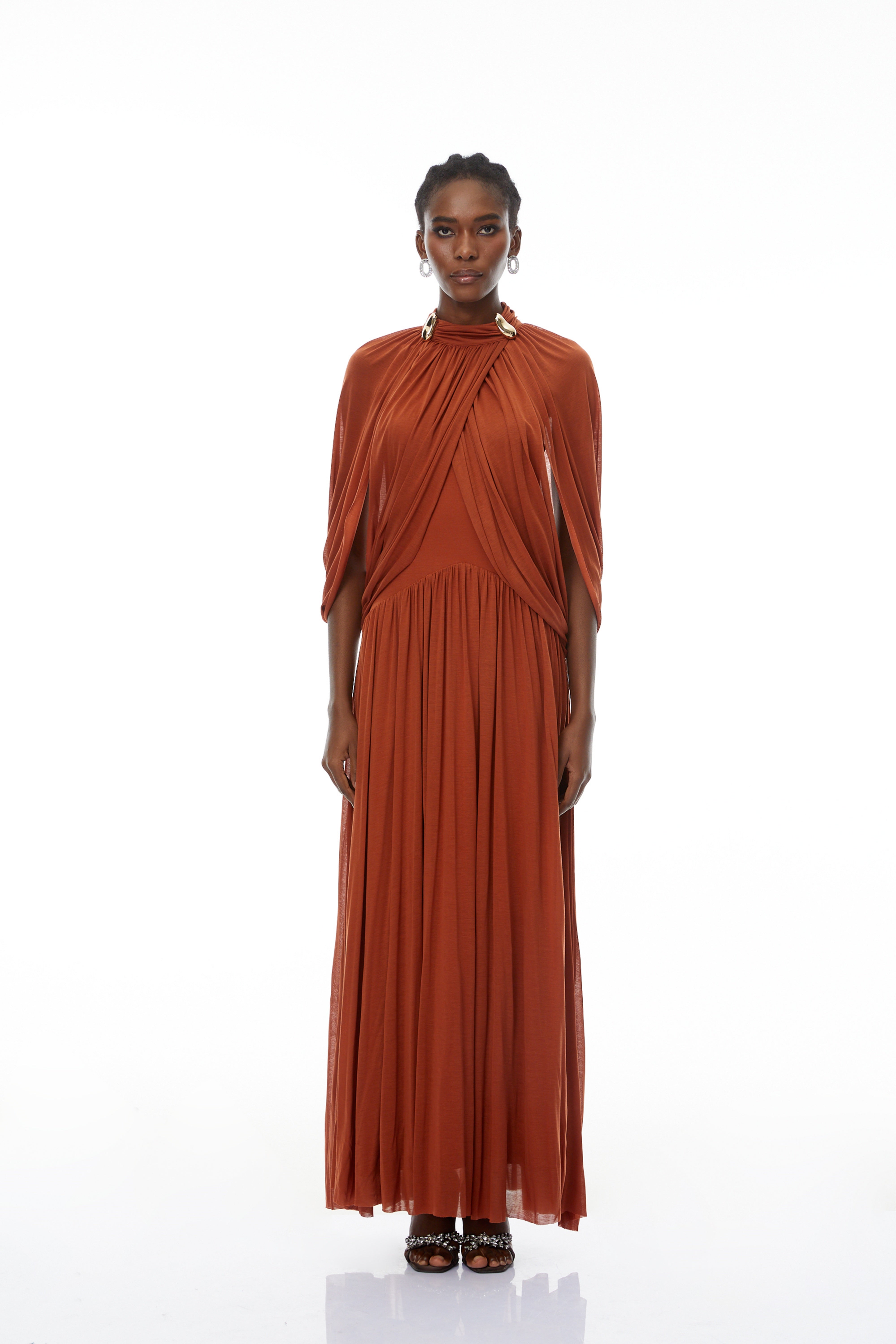 Bergljot Orange Cape Design Mesh Maxi Dress (Final Sale-US Only)