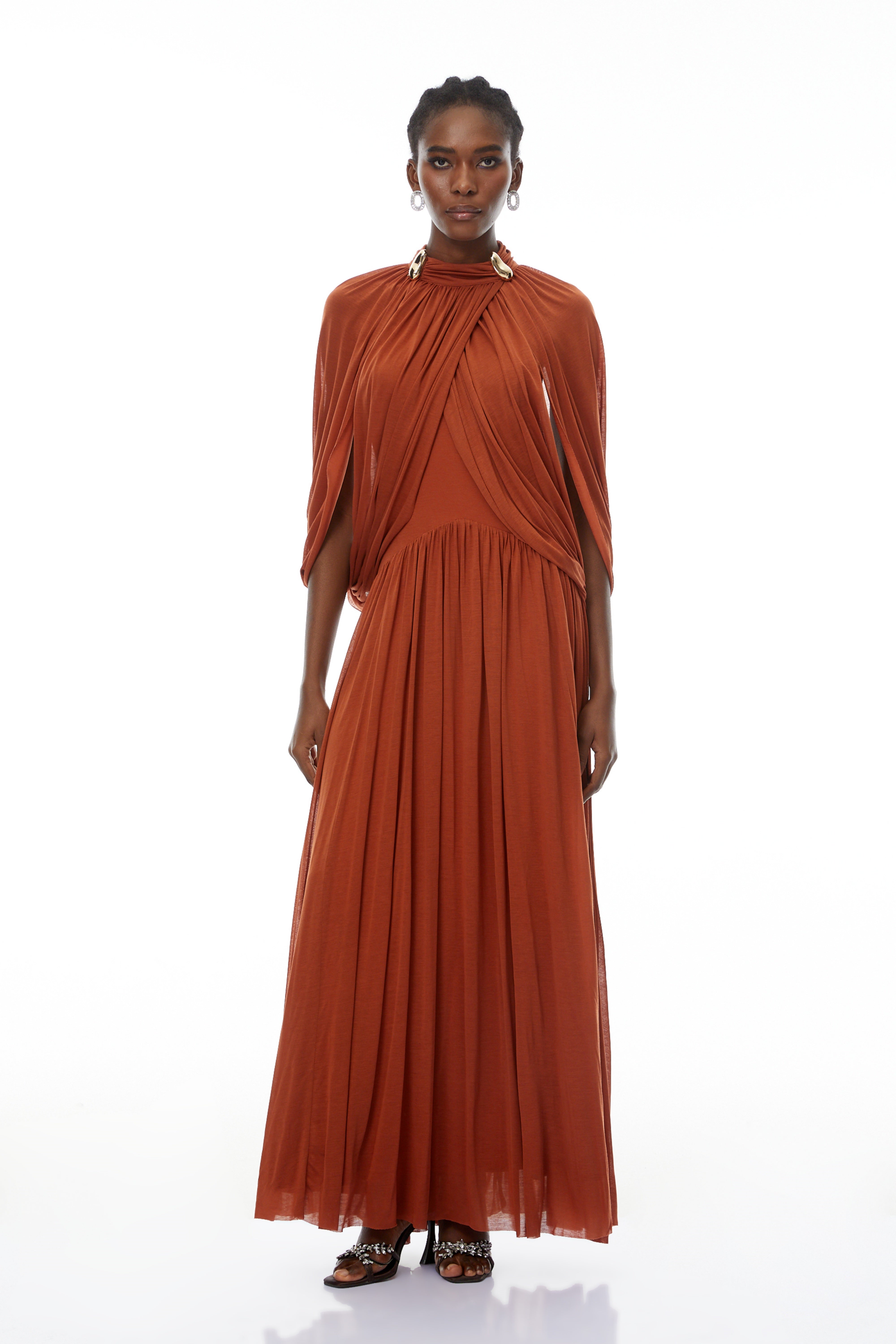 Bergljot Orange Cape Design Mesh Maxi Dress (Final Sale-US Only)