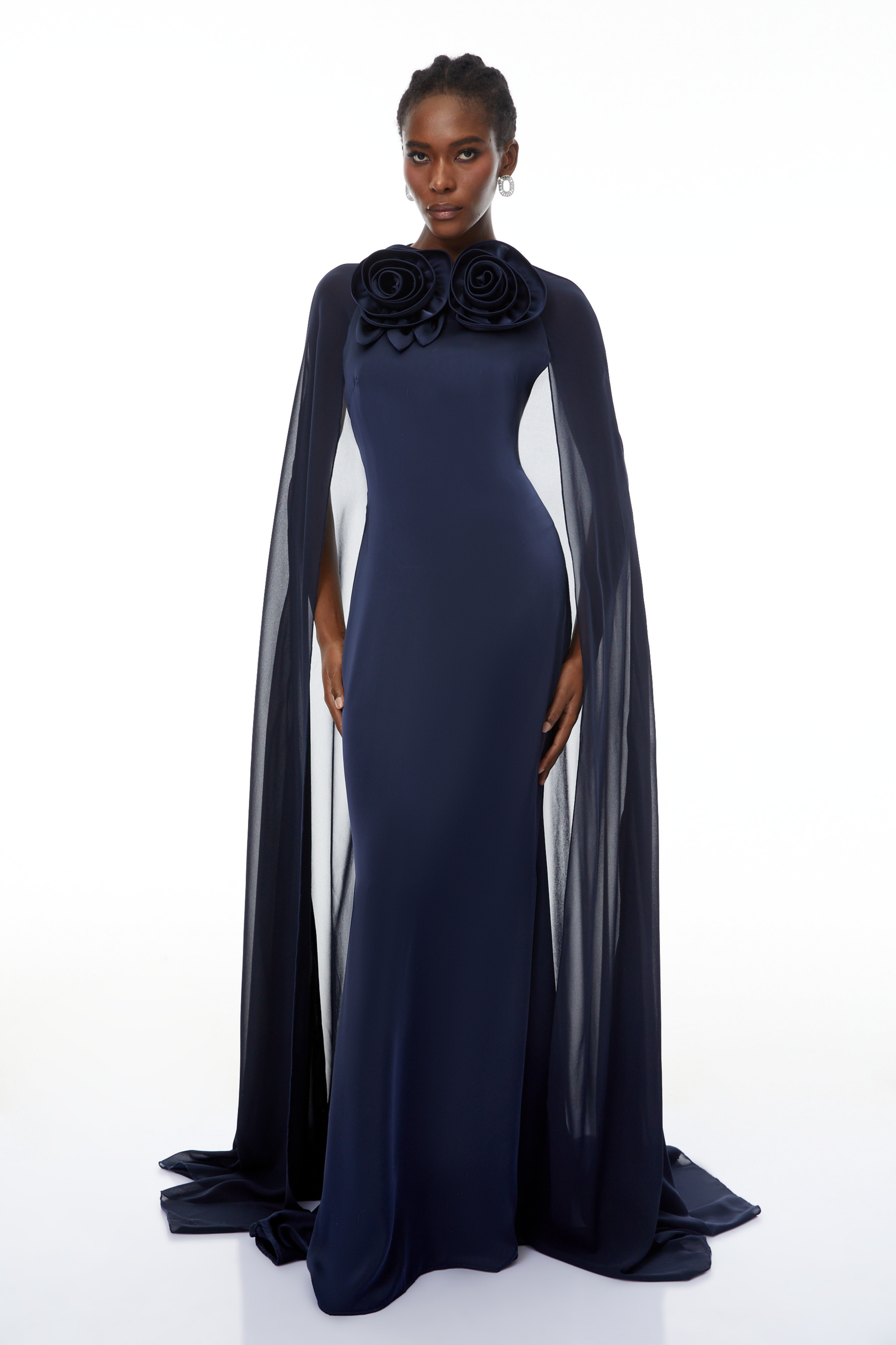 Riccardo Blue 3D Petal Cape Maxi Gown