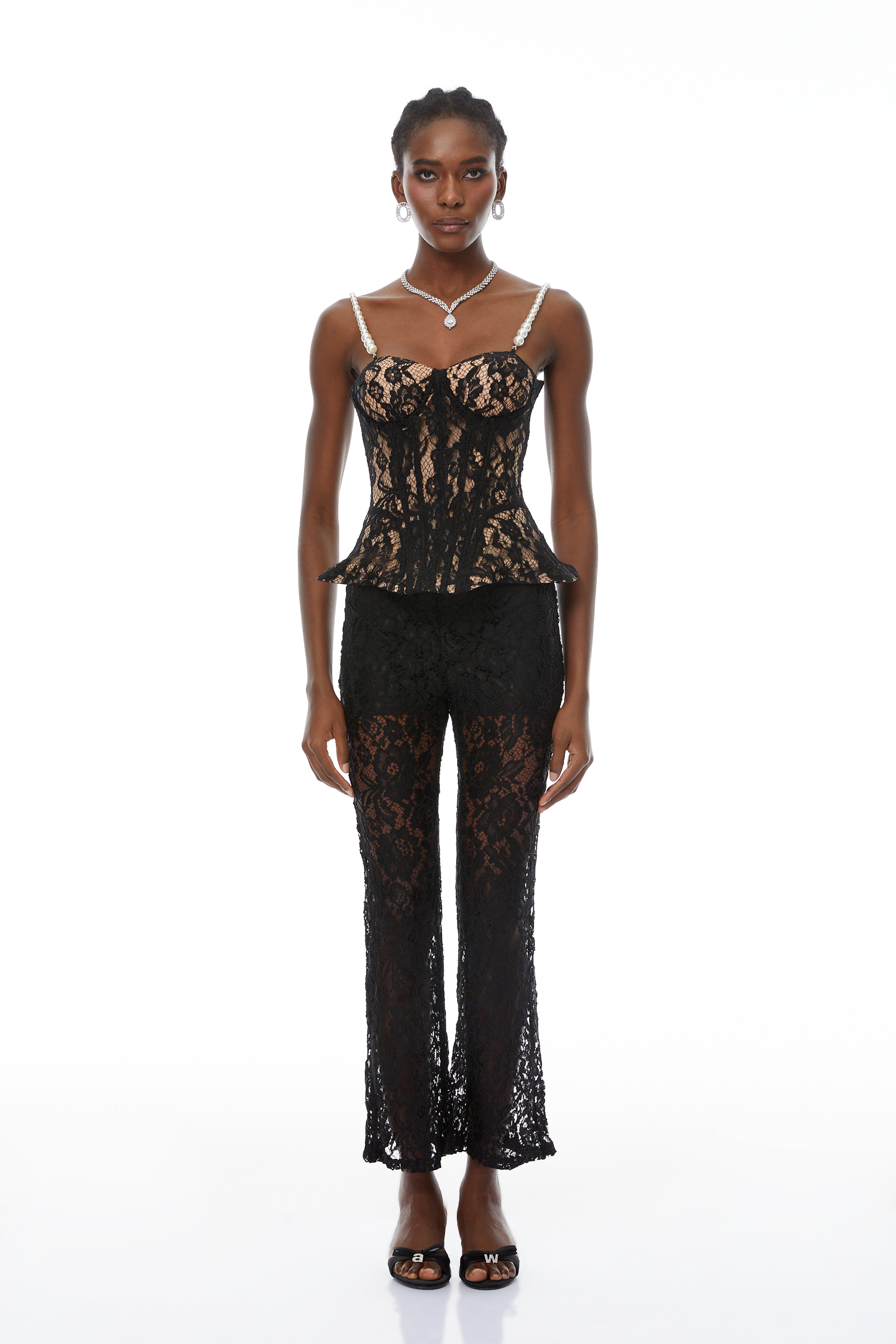 Védís Black Floral Lace Top & Trousers Set