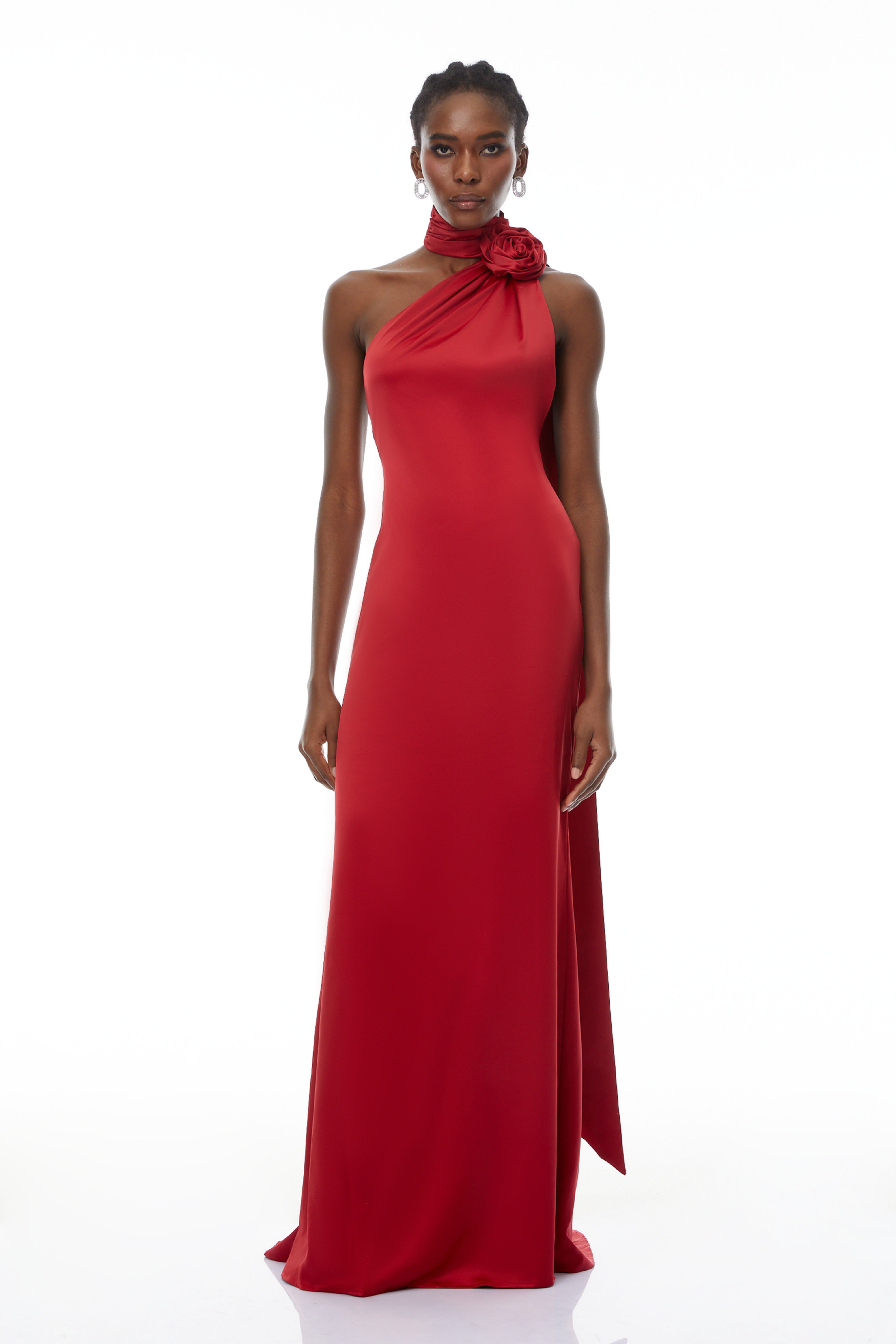Frederica Red Halterneck 3D Petal Maxi Dress (Final Sale-US Only)