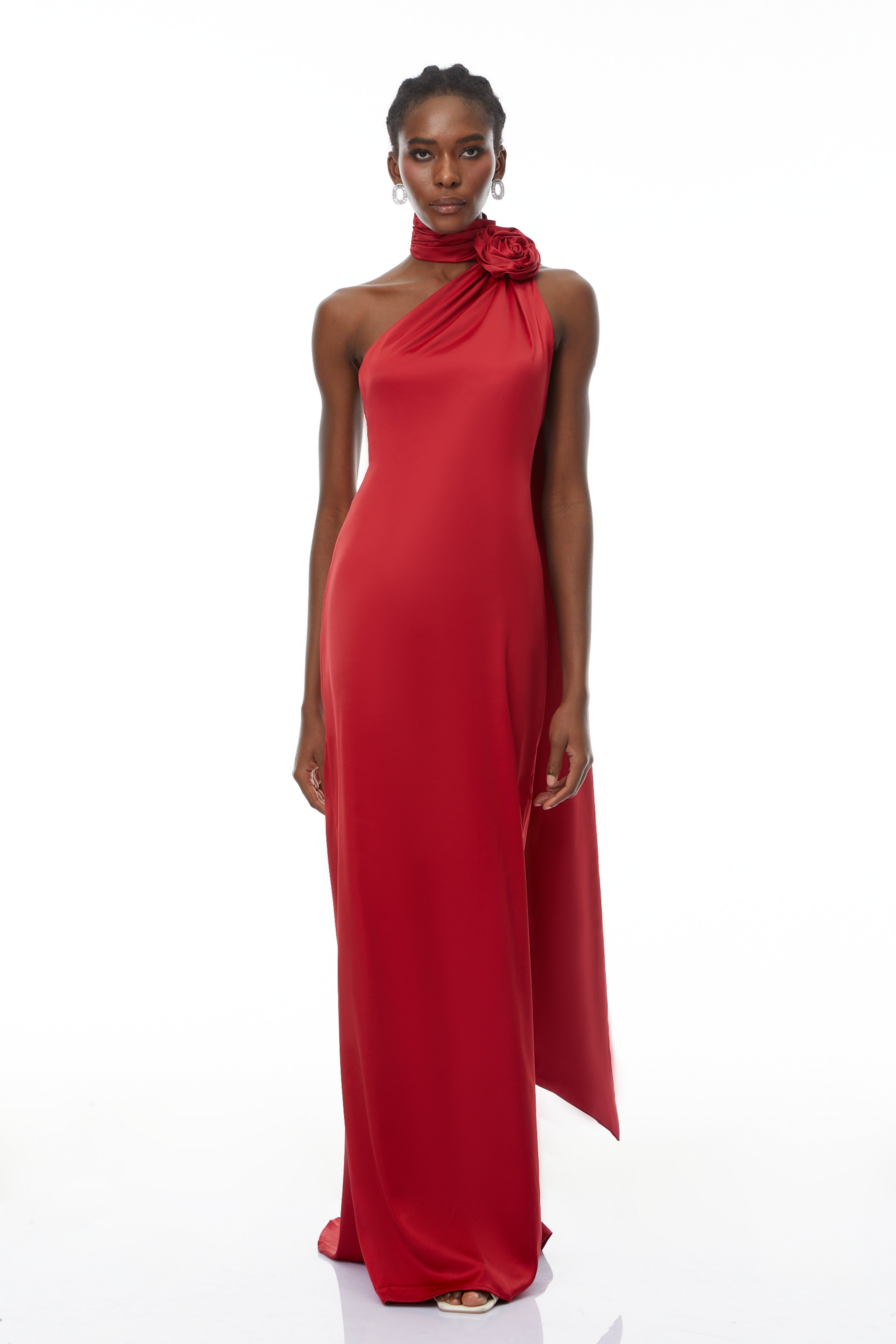 Frederica Red Halterneck 3D Petal Maxi Dress (Final Sale-US Only)