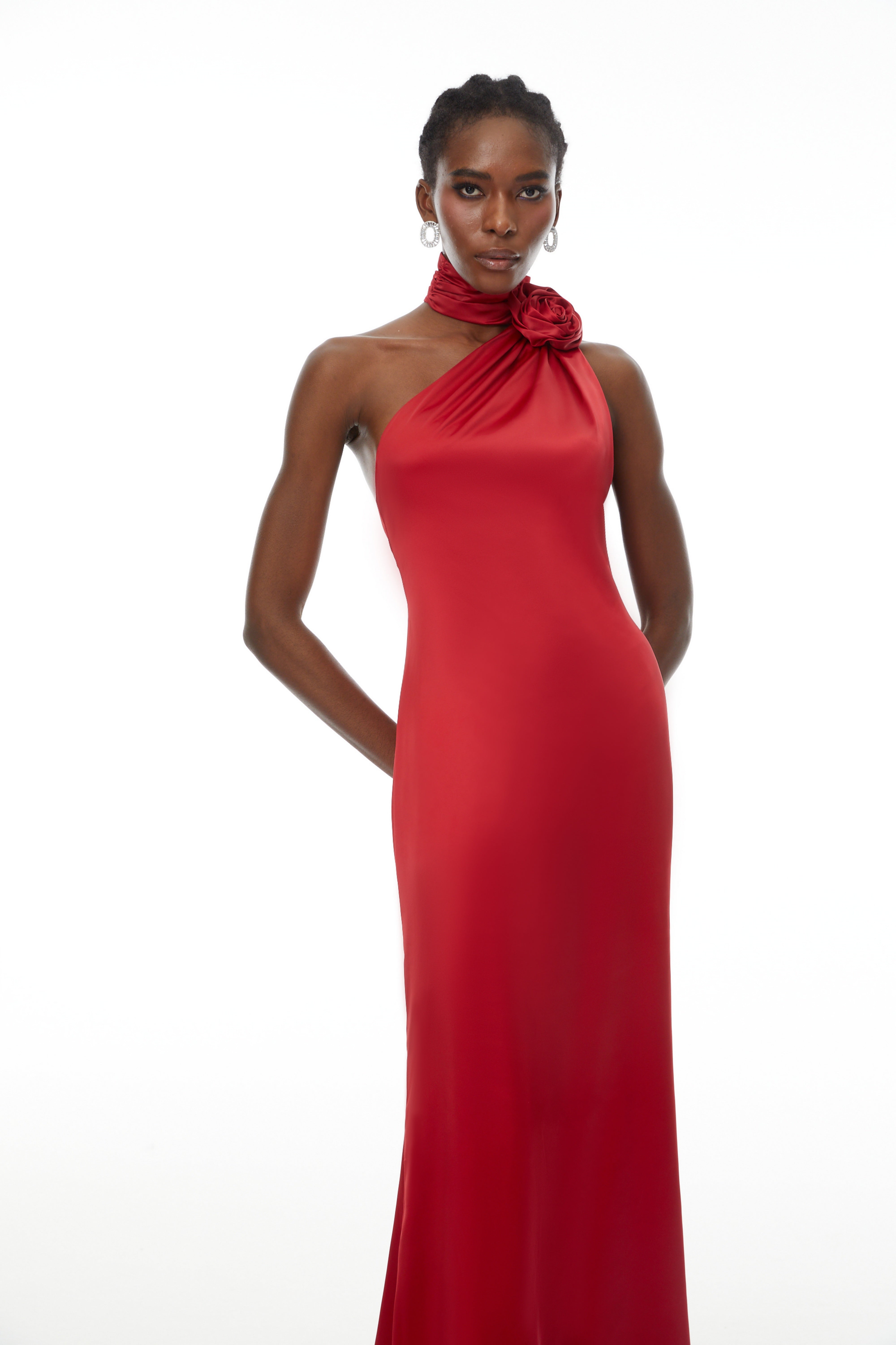 Frederica Red Halterneck 3D Petal Maxi Dress (Final Sale-US Only)