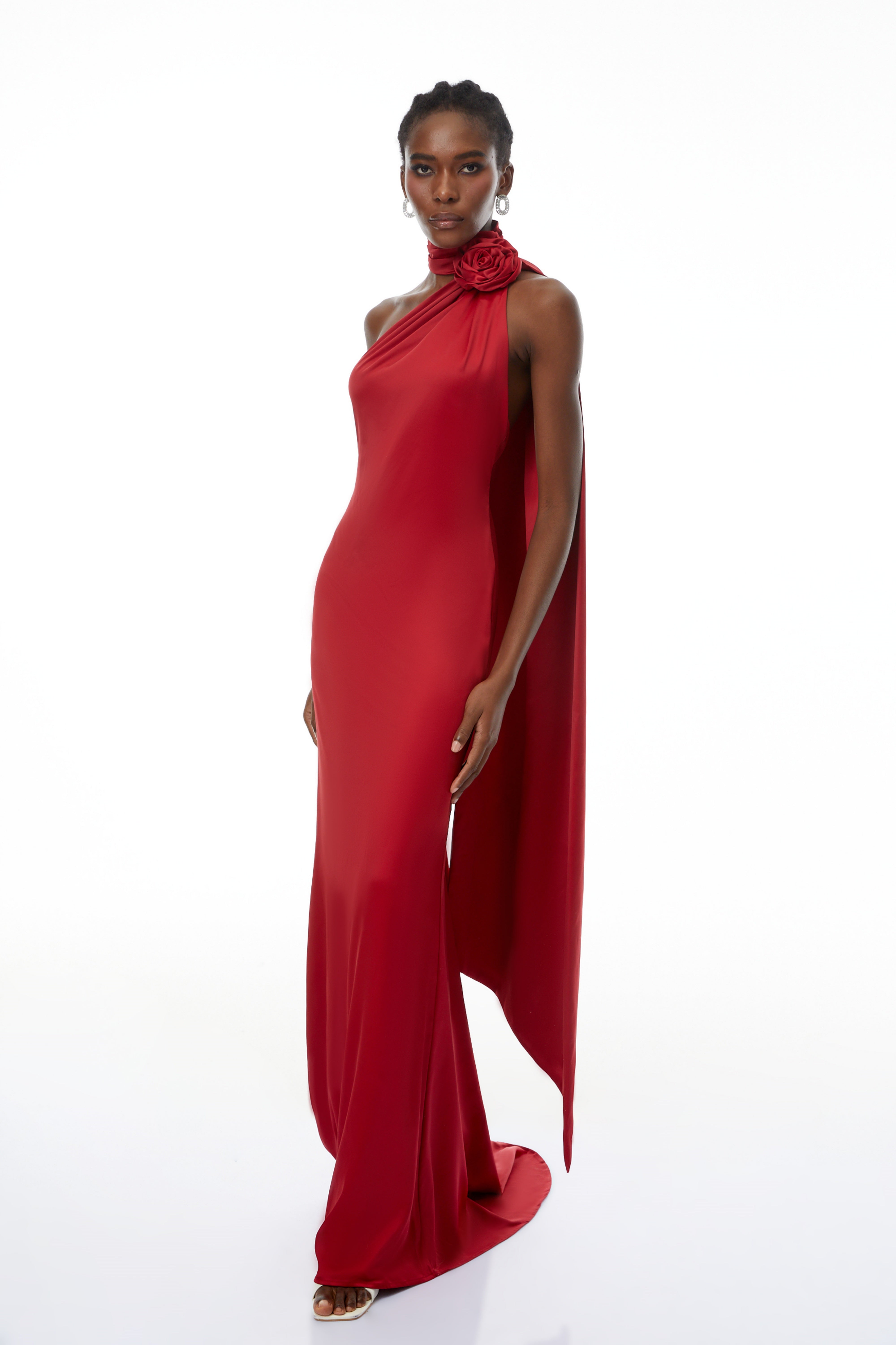 Frederica Red Halterneck 3D Petal Maxi Dress (Final Sale-US Only)