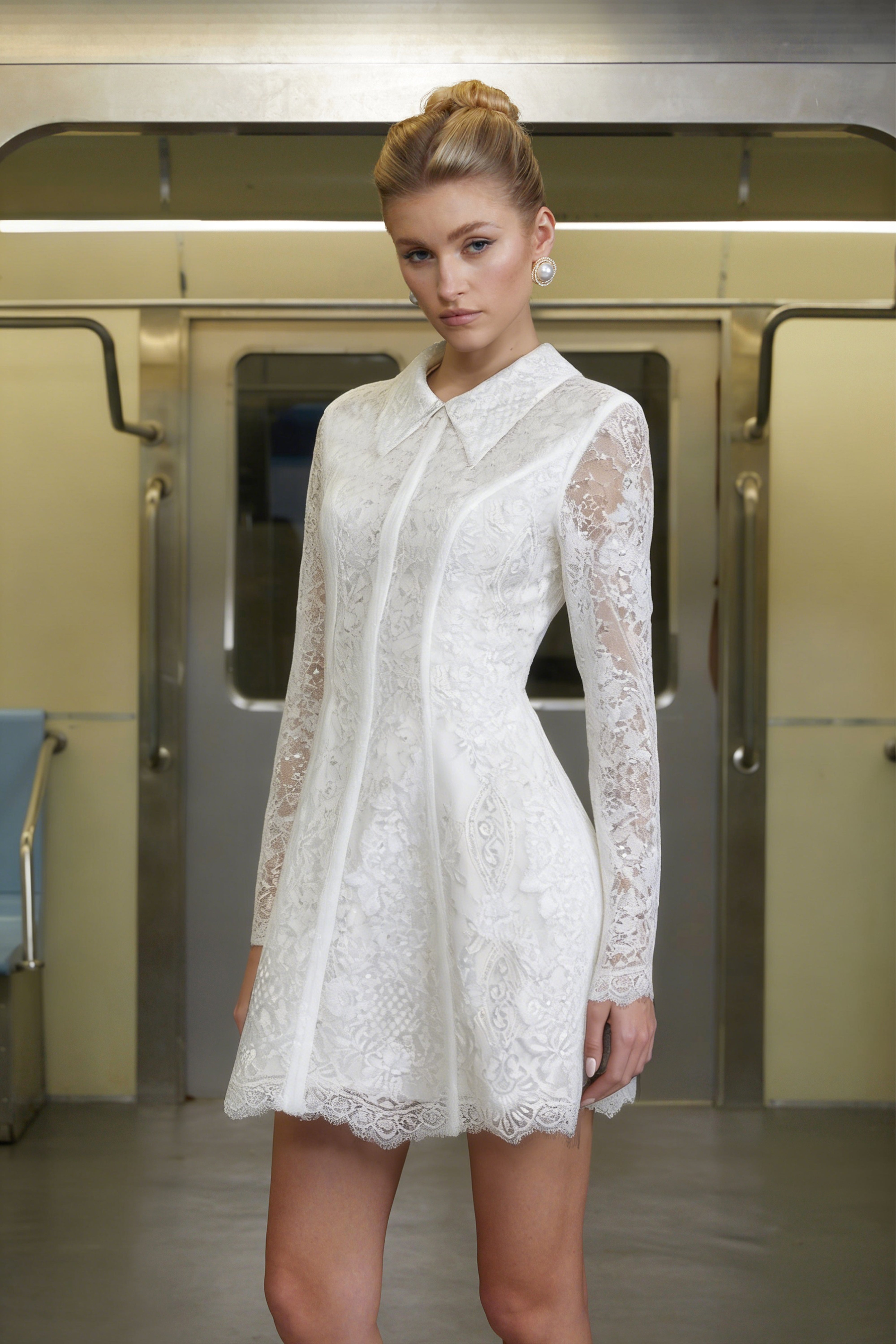Aleksandra White Sequin Floral Lace Mini Dress (Final Sale)