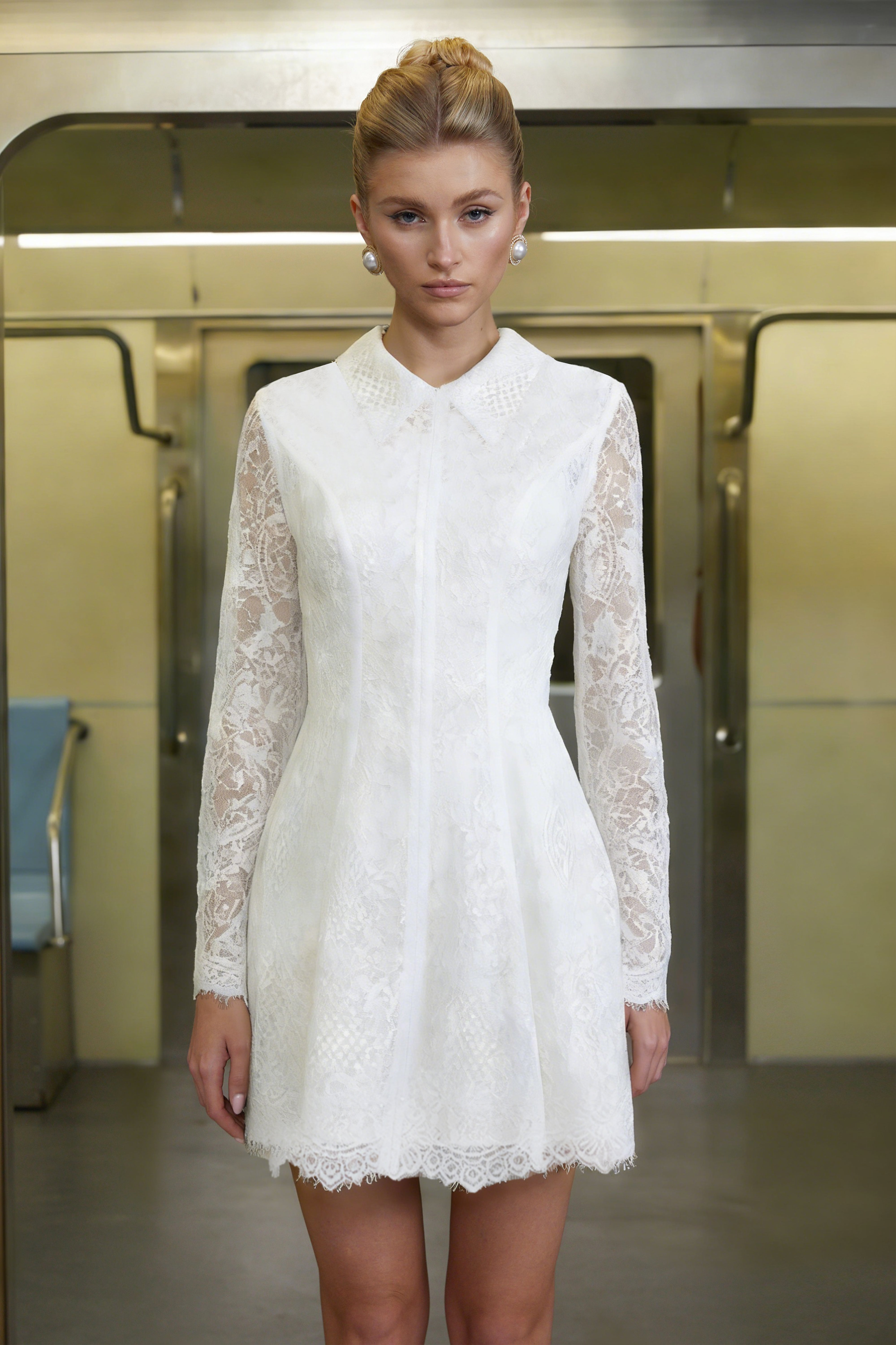 Aleksandra White Sequin Floral Lace Mini Dress (Final Sale)