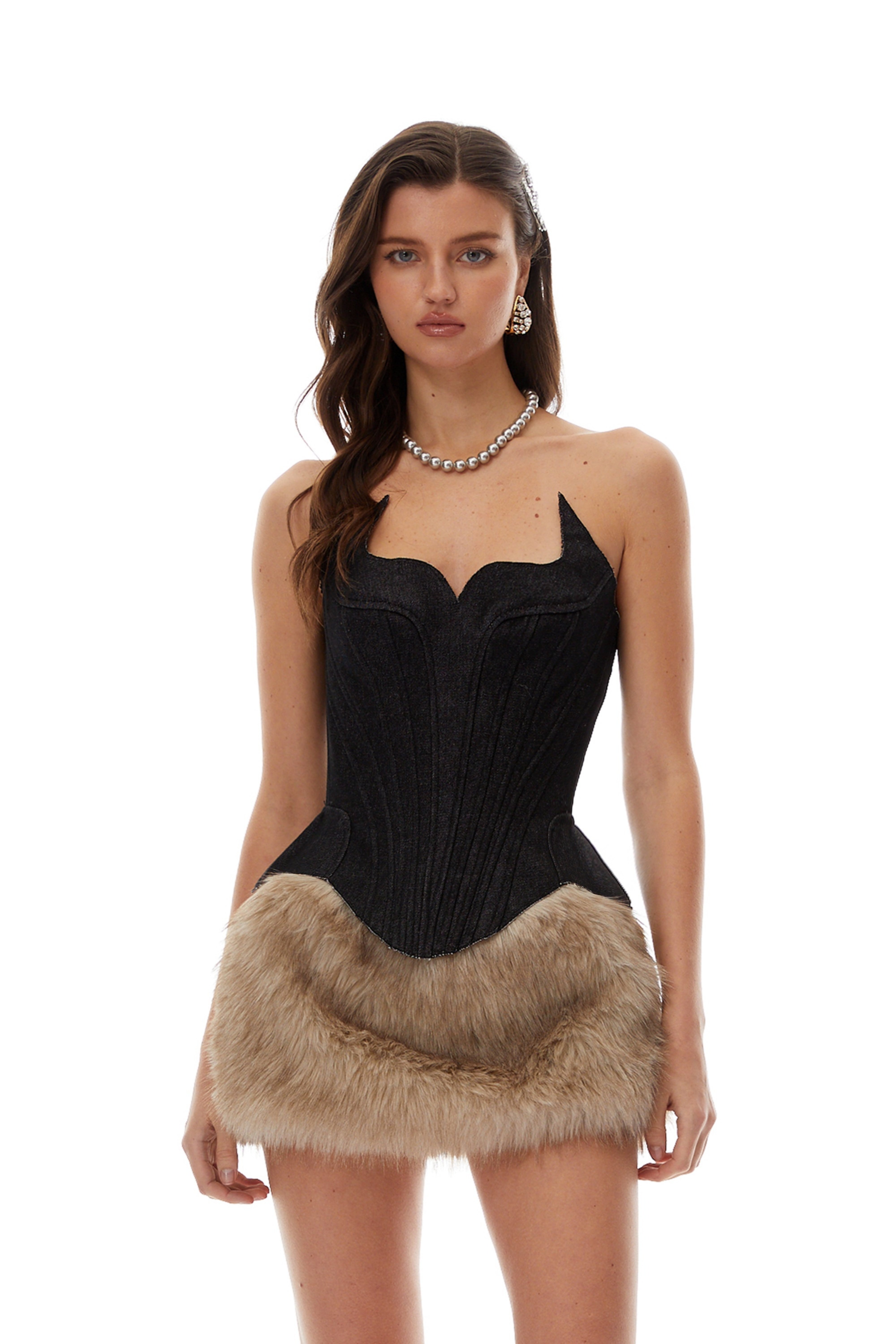 Laura Black Denim Corset Top & Khaki Faux Fur Mini Skirt Set (Final Sale-US Only)