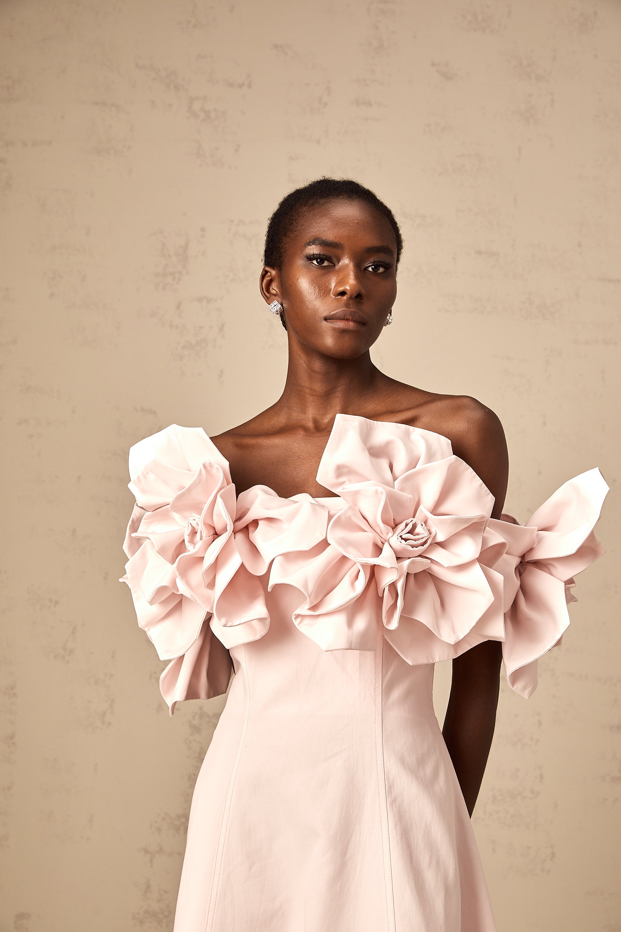 Juliette pink off-shoulder 3D-petal midi dress (Final Sale-US Only)