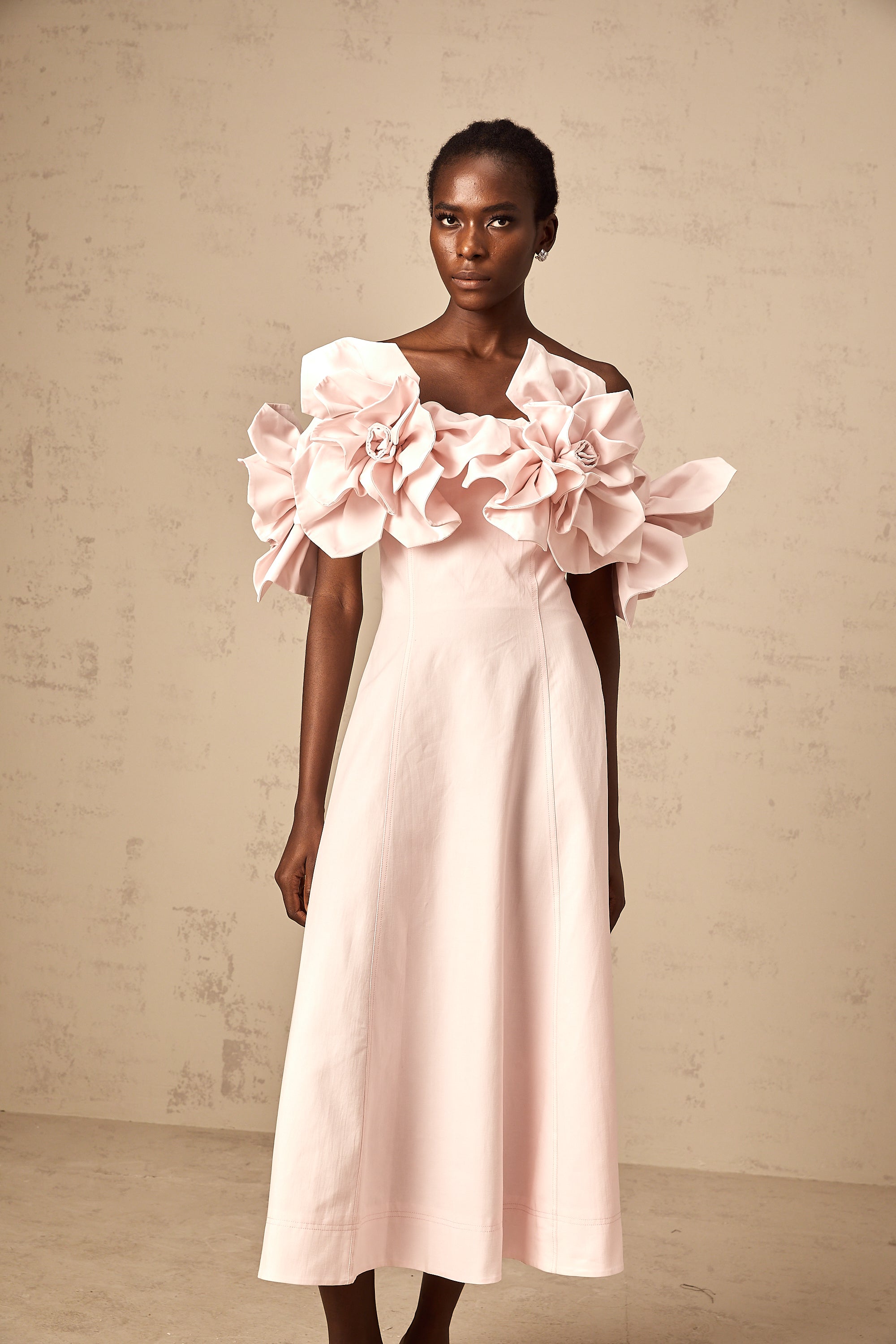 Juliette pink off-shoulder 3D-petal midi dress (Final Sale-US Only)