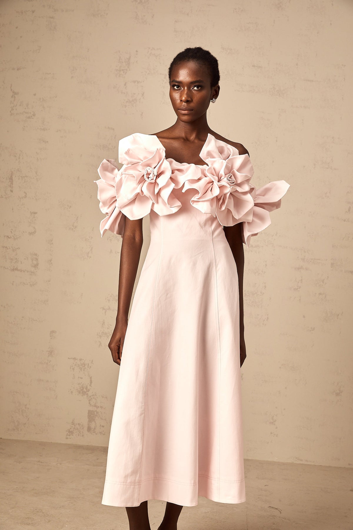 Juliette pink off-shoulder 3D-petal midi dress