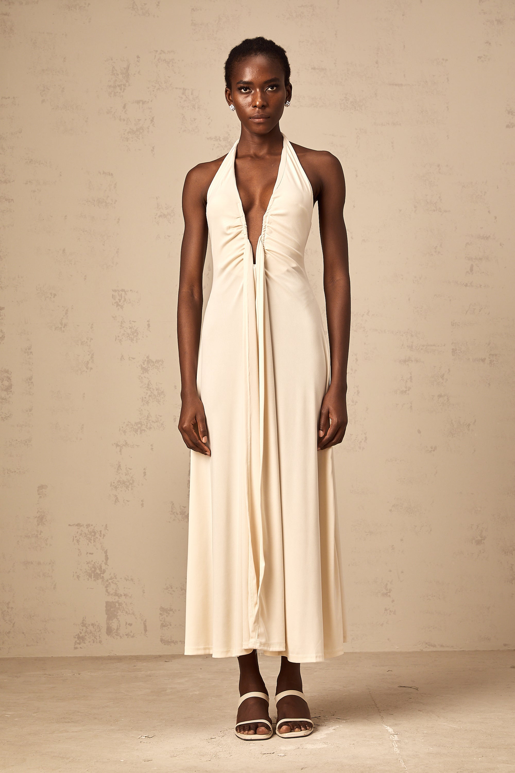 Géraldine white deep V-neck draped maxi dress (Final Sale-US Only)