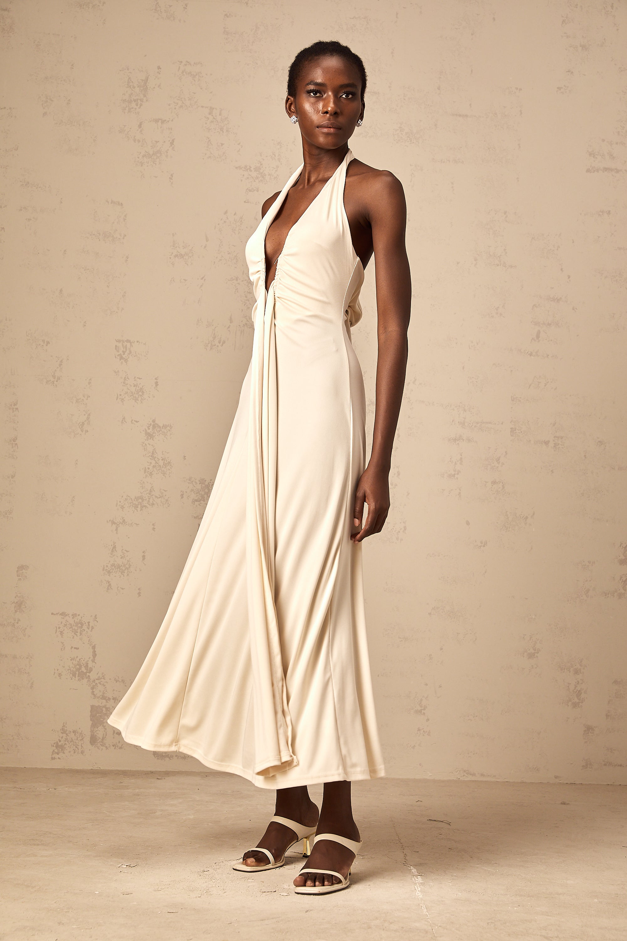 Géraldine white deep V-neck draped maxi dress