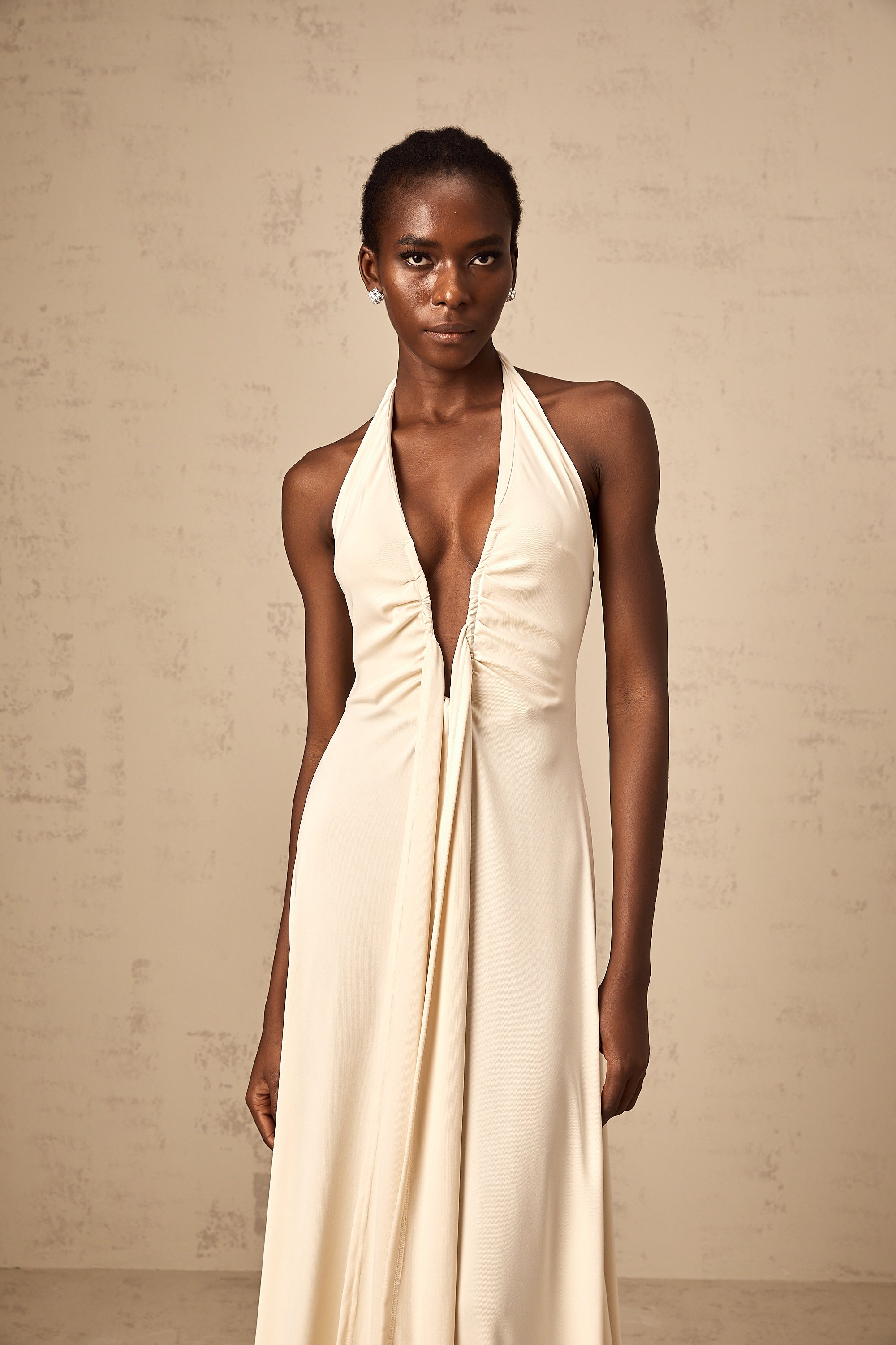 Géraldine white deep V-neck draped maxi dress