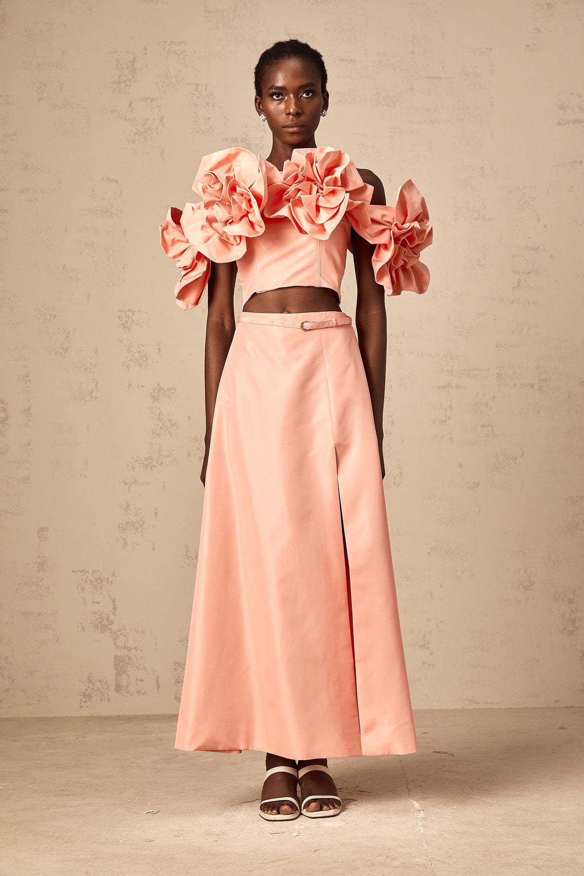 Yvette pink floral-appliqué top & skirt matching set