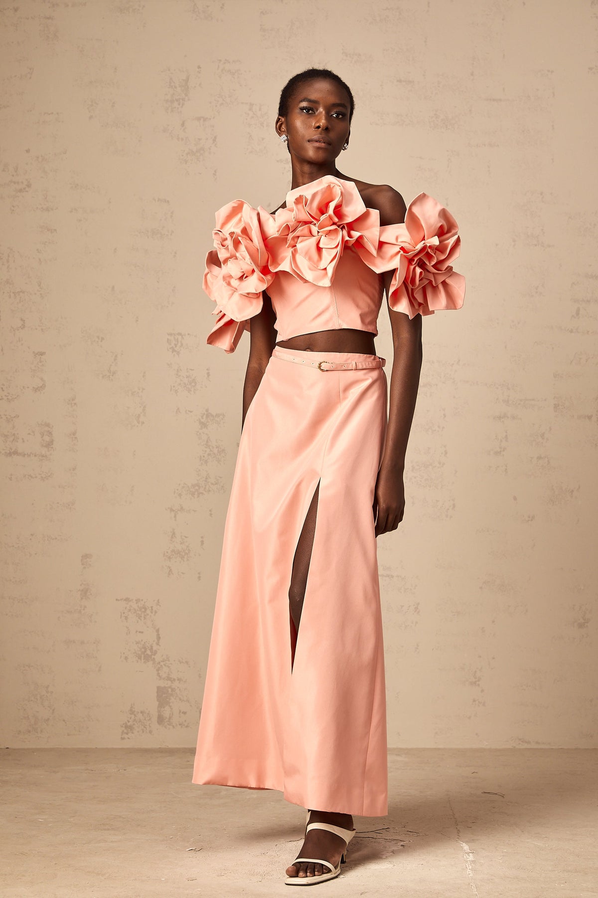 Yvette pink floral-appliqué top & skirt matching set