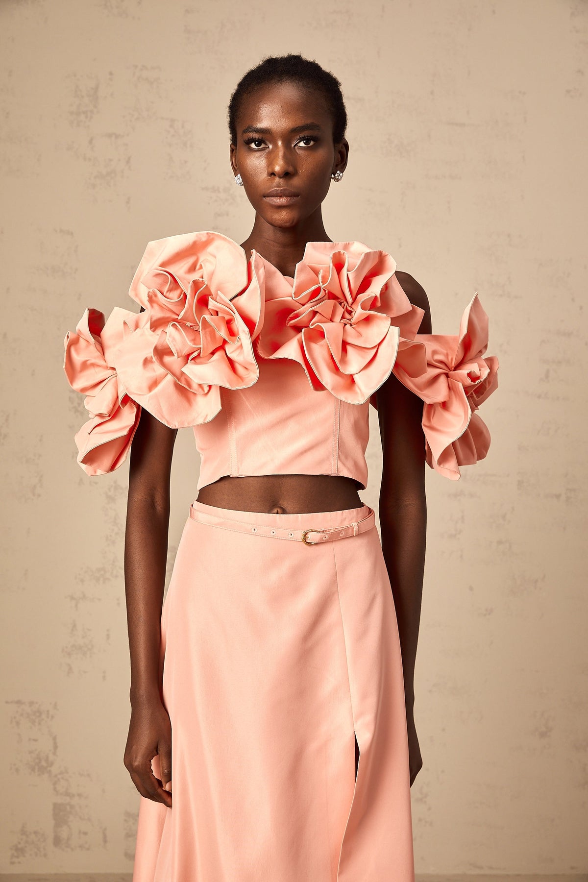 Yvette pink floral-appliqué top & skirt matching set
